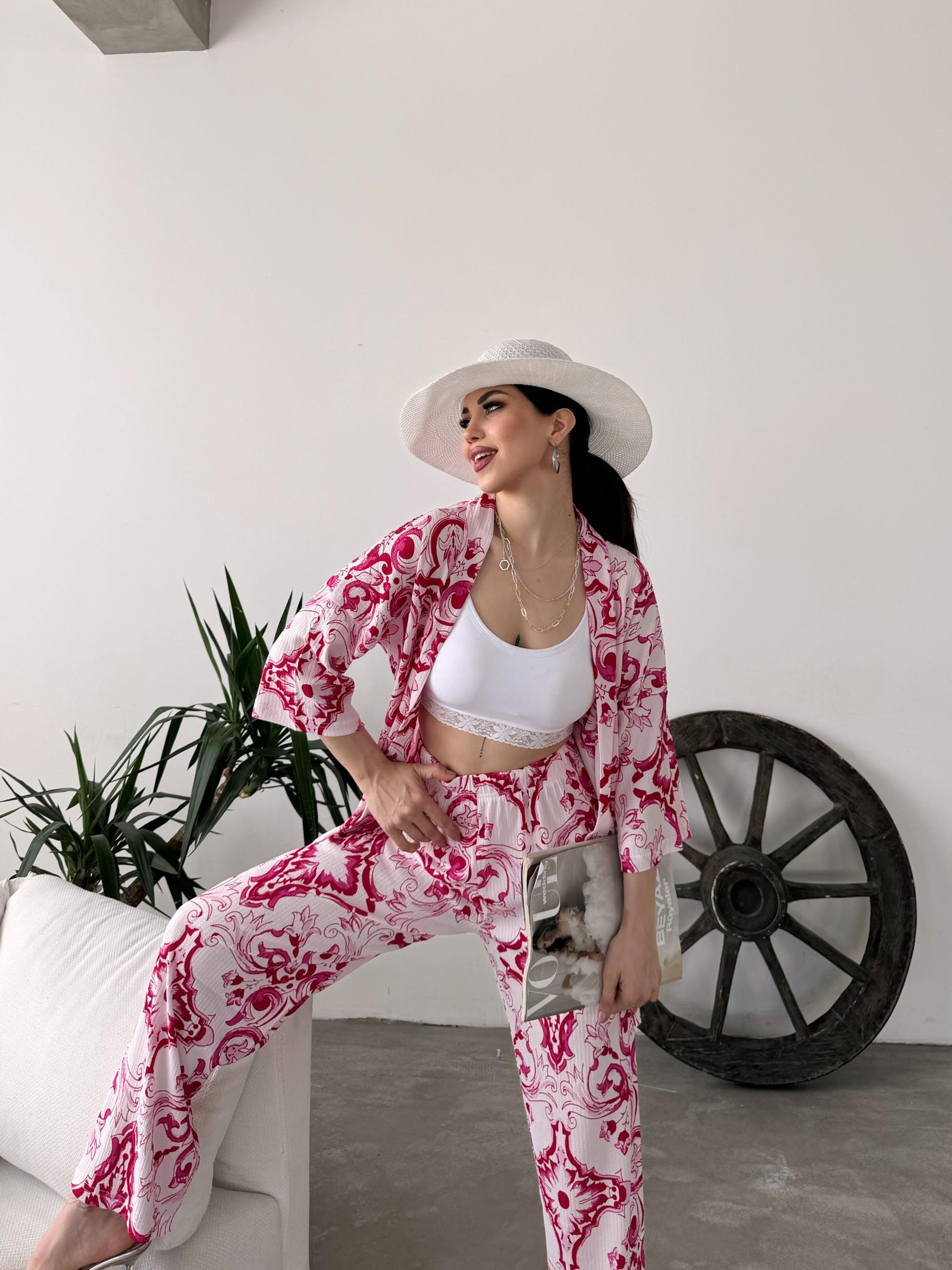 Desenli Kimono Ve Pantolon İkili Takım
