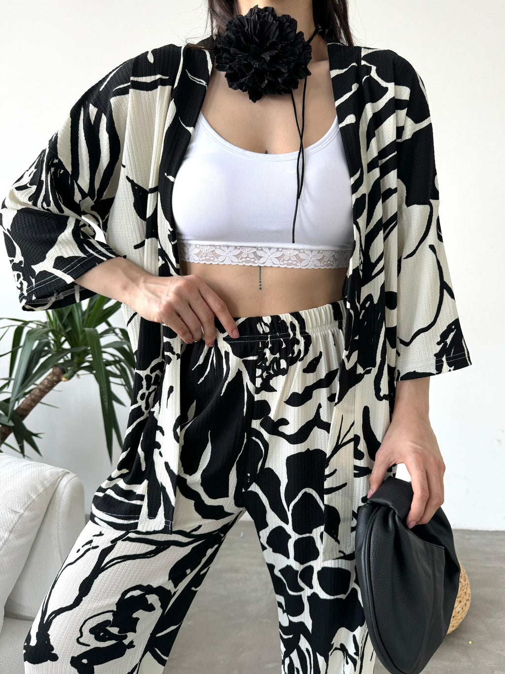 Desenli Kimono Ve Pantolon İkili Takım