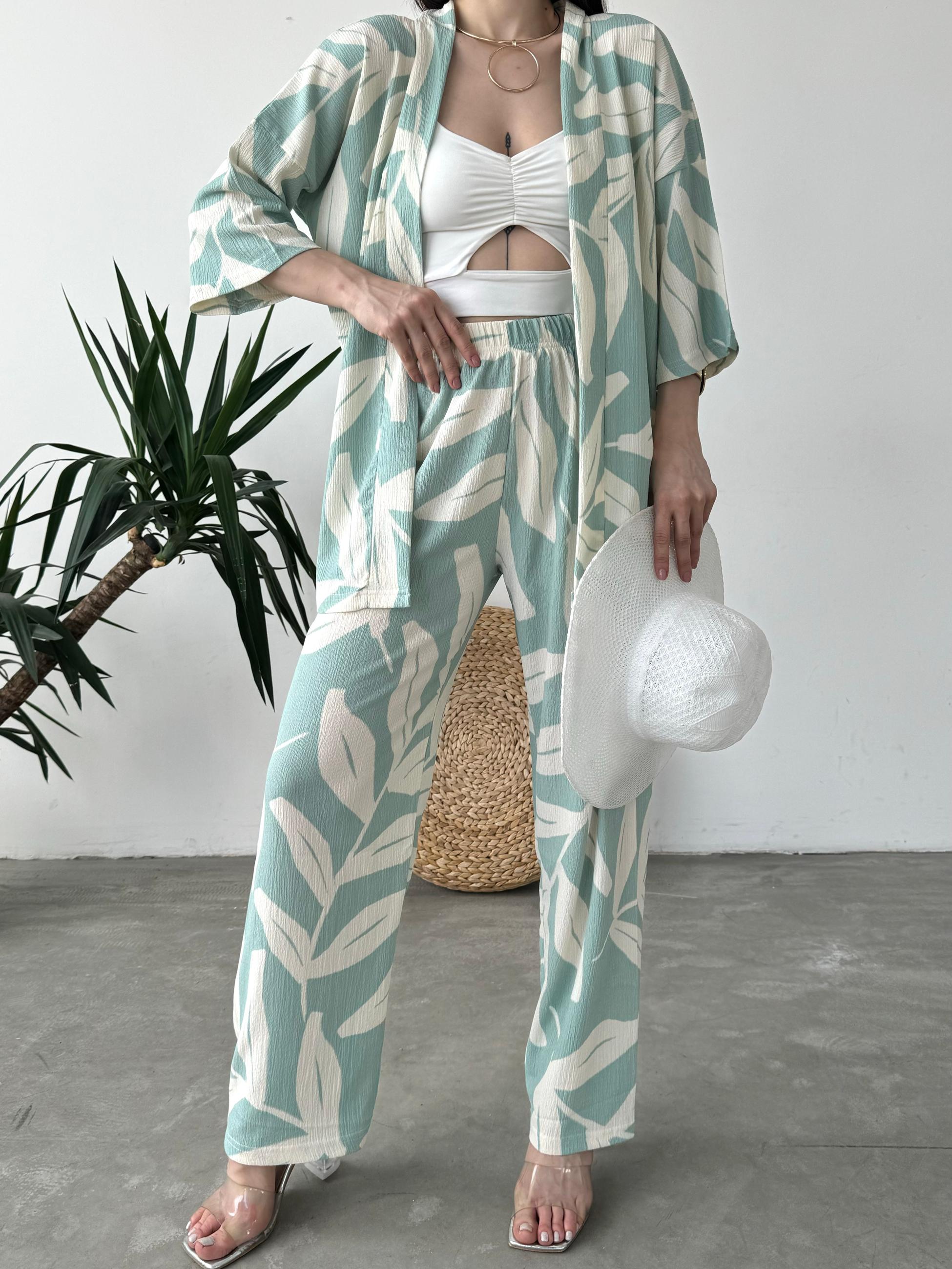 Desenli Kimono Ve Pantolon İkili Takım