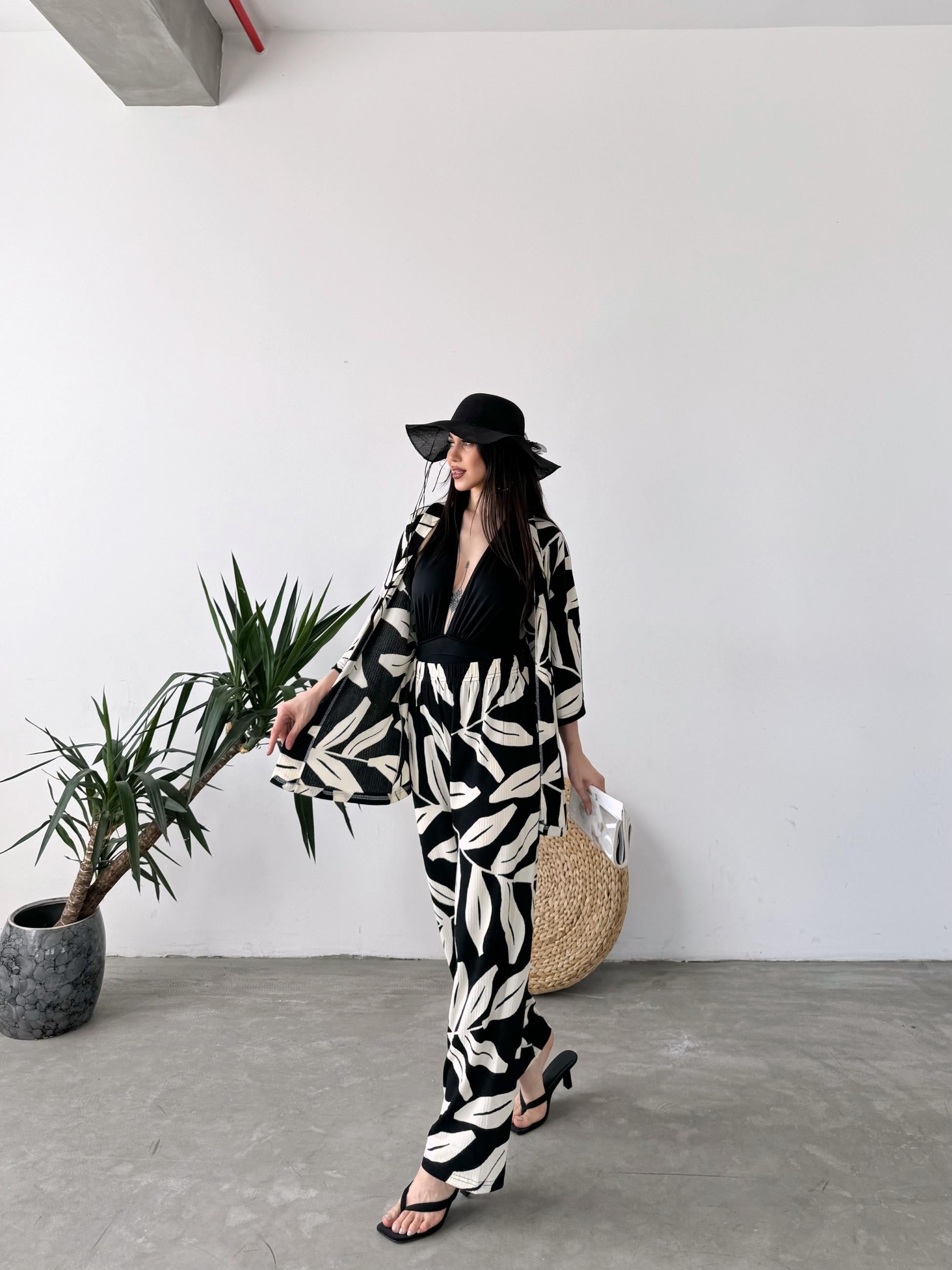 Desenli Kimono Ve Pantolon İkili Takım