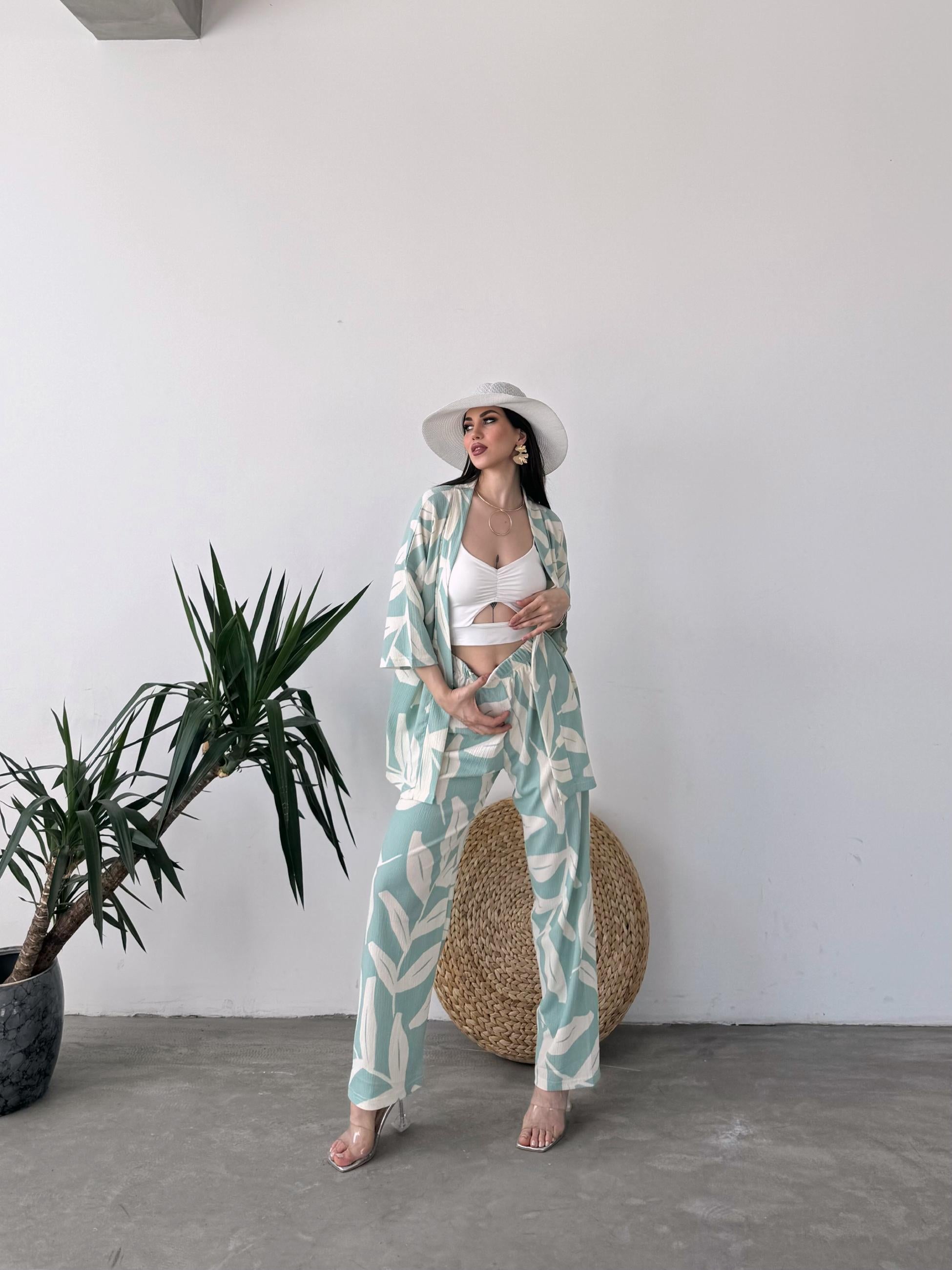 Desenli Kimono Ve Pantolon İkili Takım