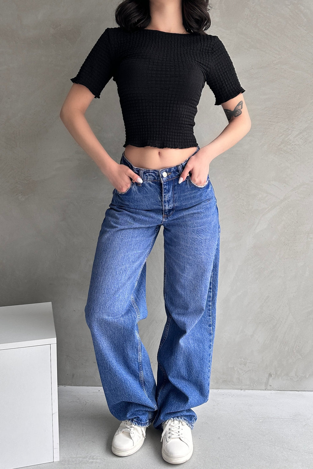 Sırt Dekolteli Basic Gofre Bluz