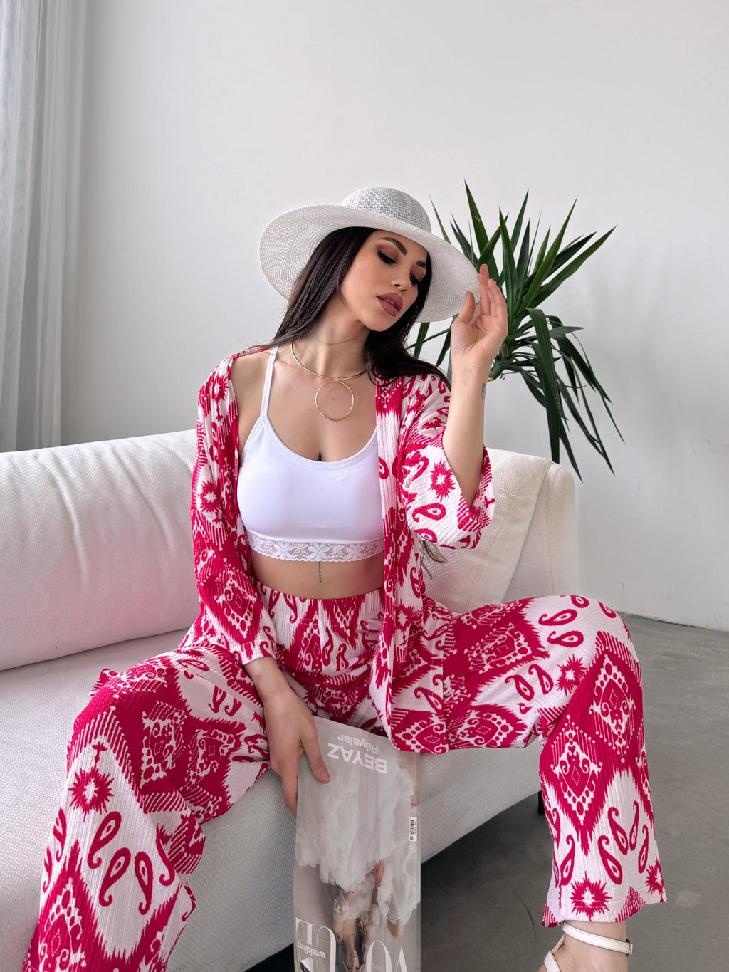Desenli Kimono Ve Pantolon İkili Takım