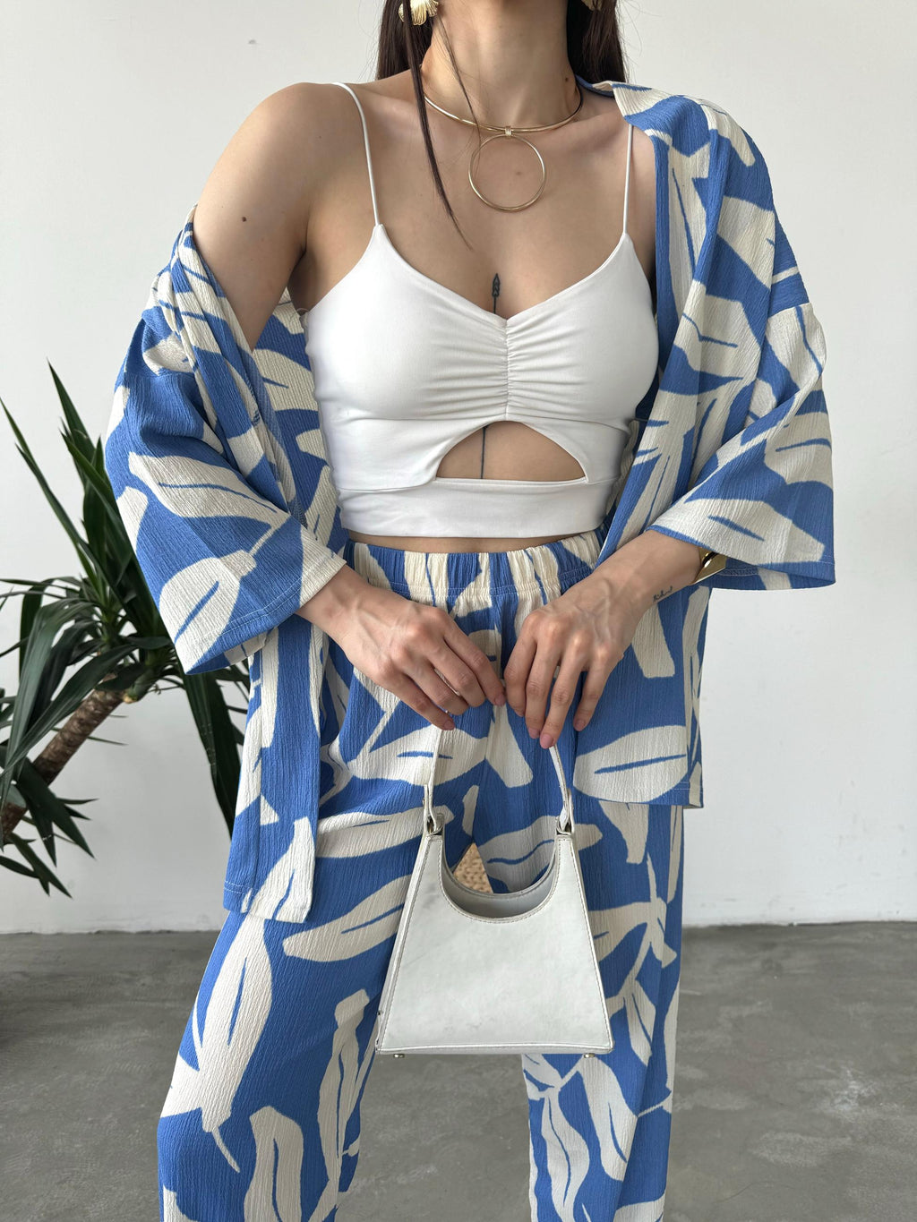 Desenli Kimono Ve Pantolon İkili Takım