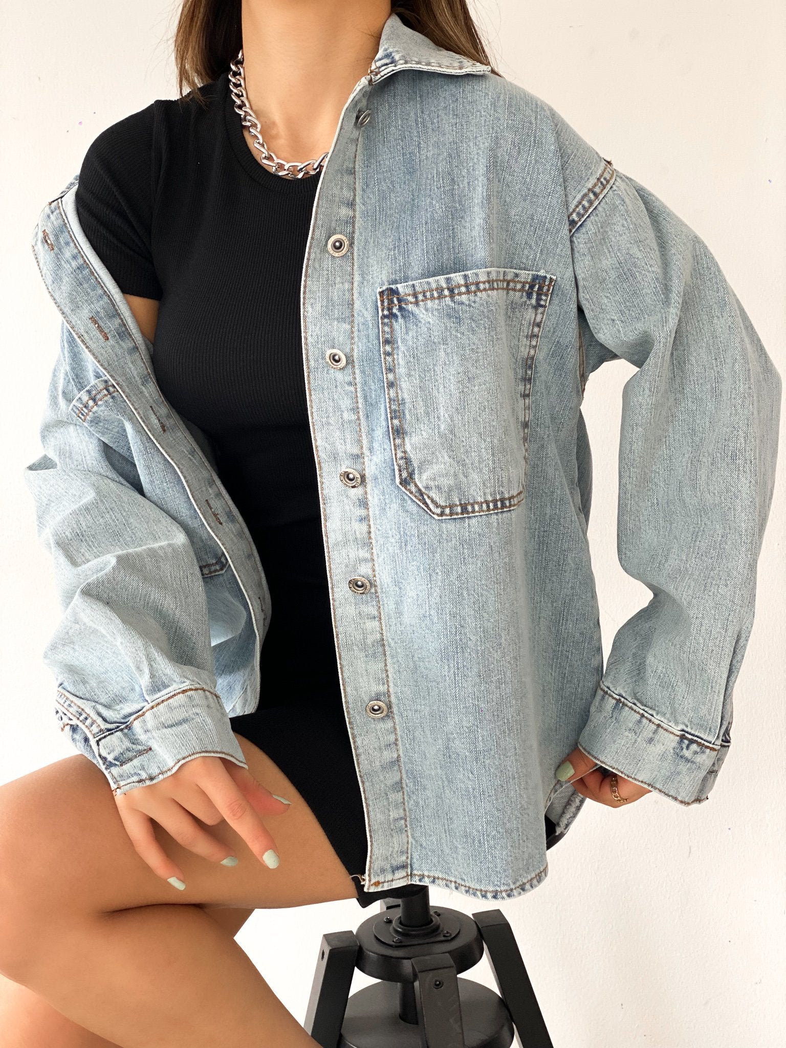 Çift Cepli Oversize Denim Gömlek Ceket
