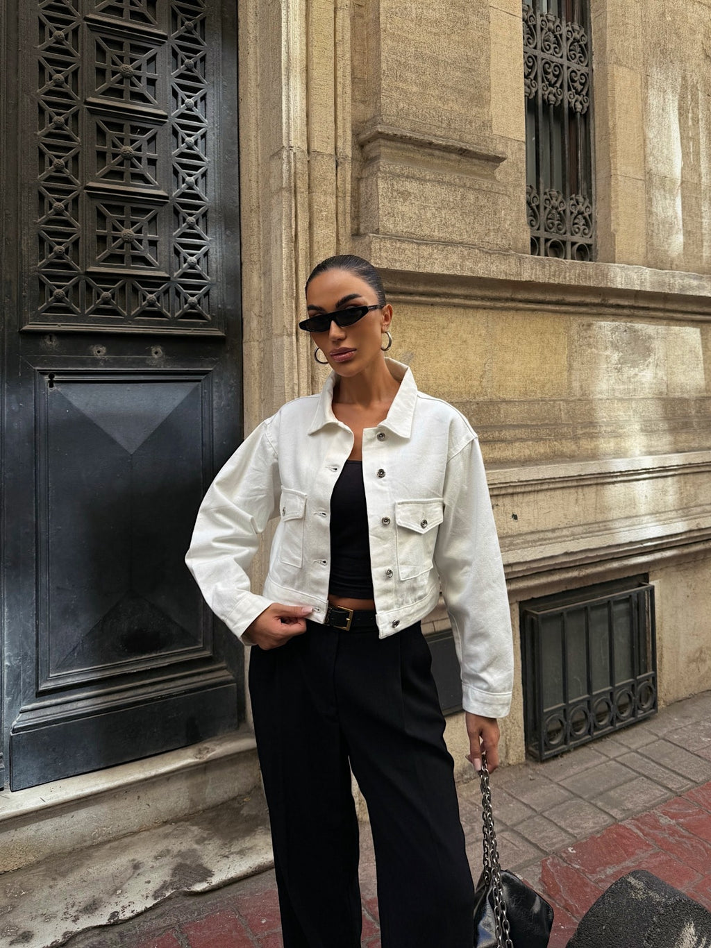 Çift Cep Denim Crop Ceket