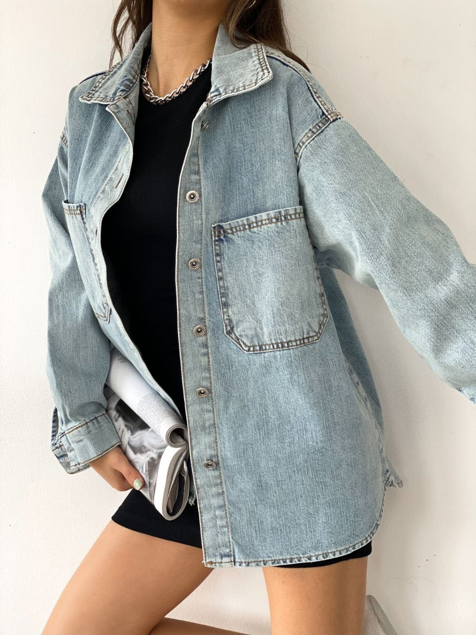 Çift Cepli Oversize Denim Gömlek Ceket