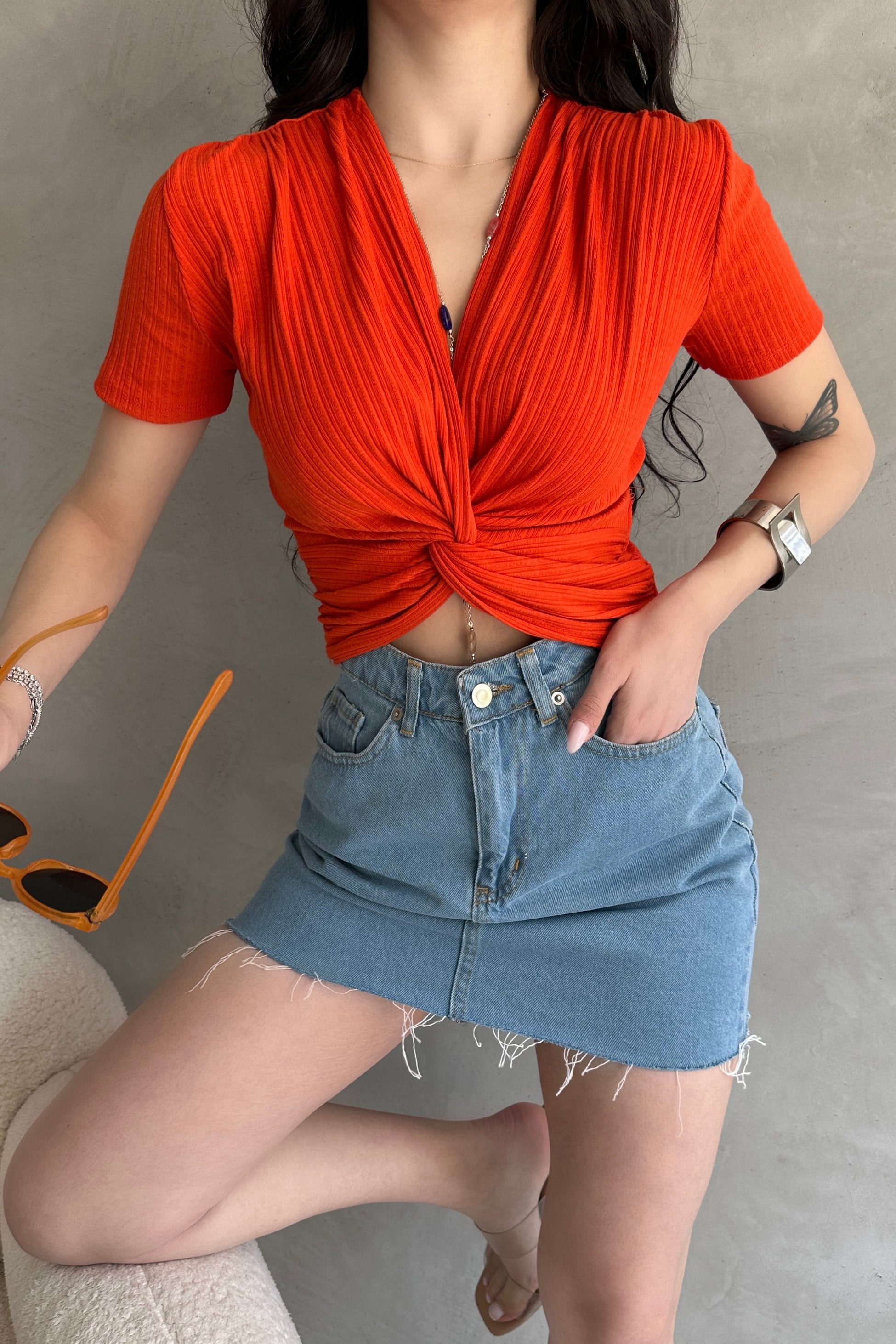 Kruvaze Yaka Crop Bluz