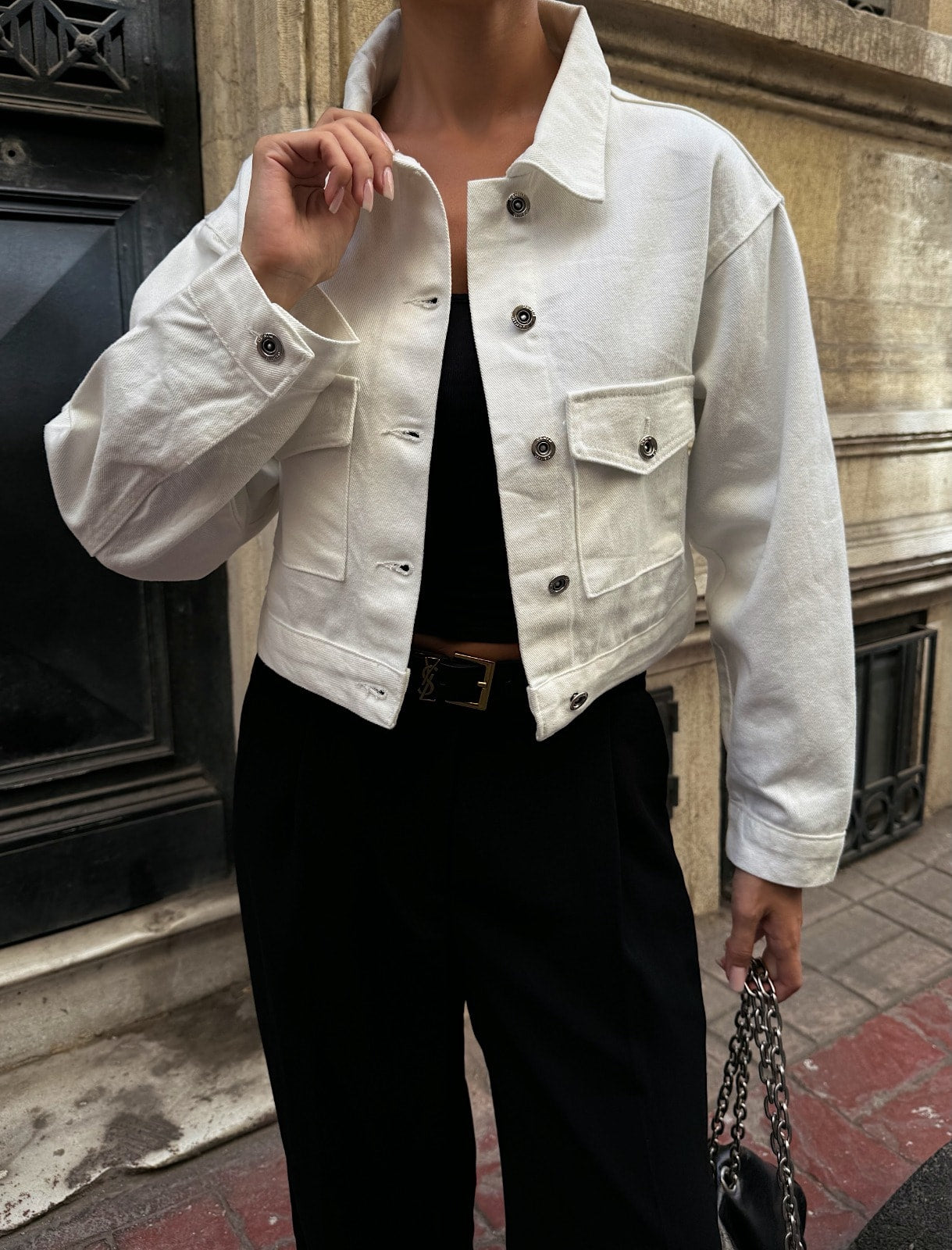 Çift Cep Denim Crop Ceket