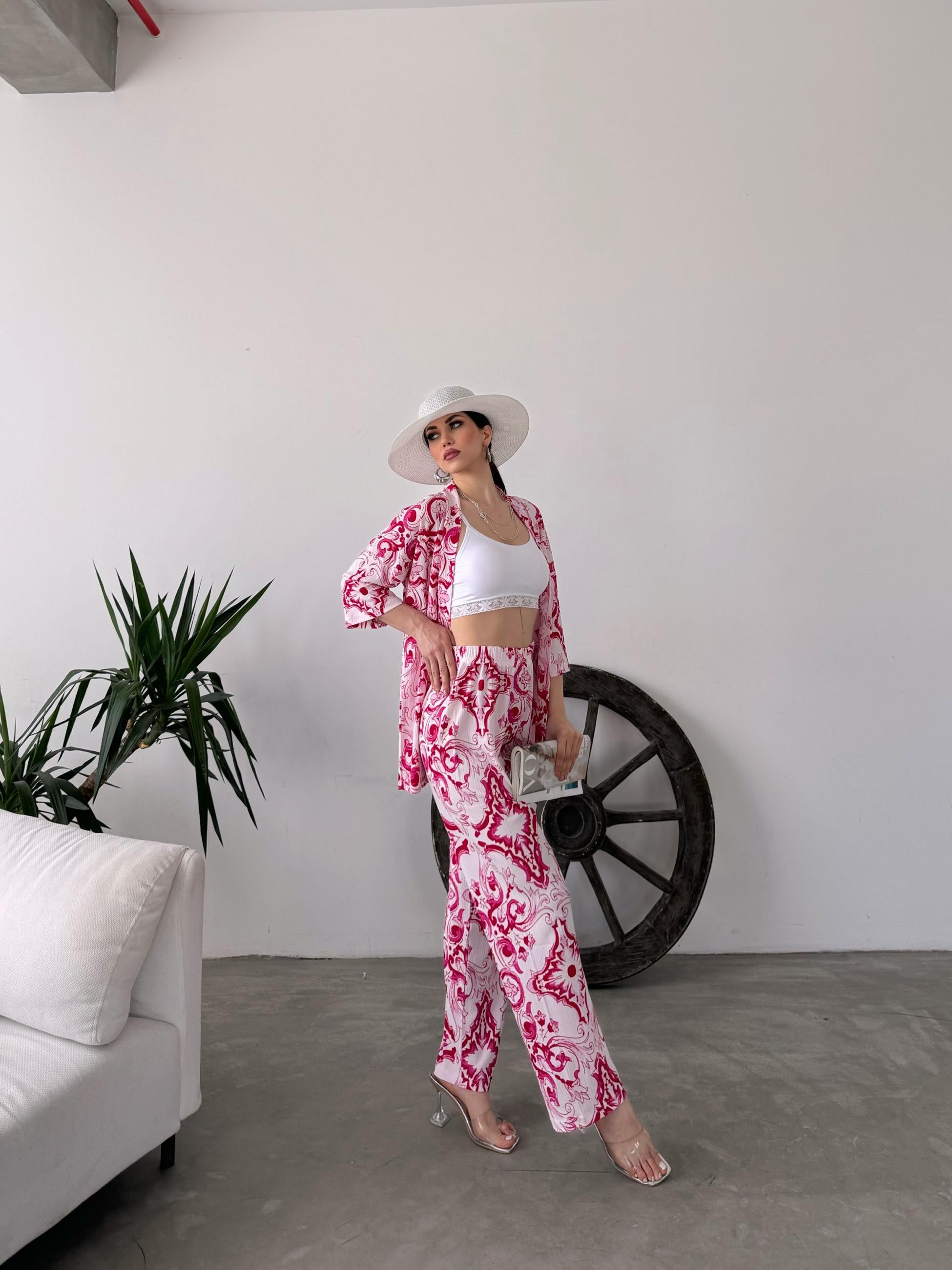 Desenli Kimono Ve Pantolon İkili Takım