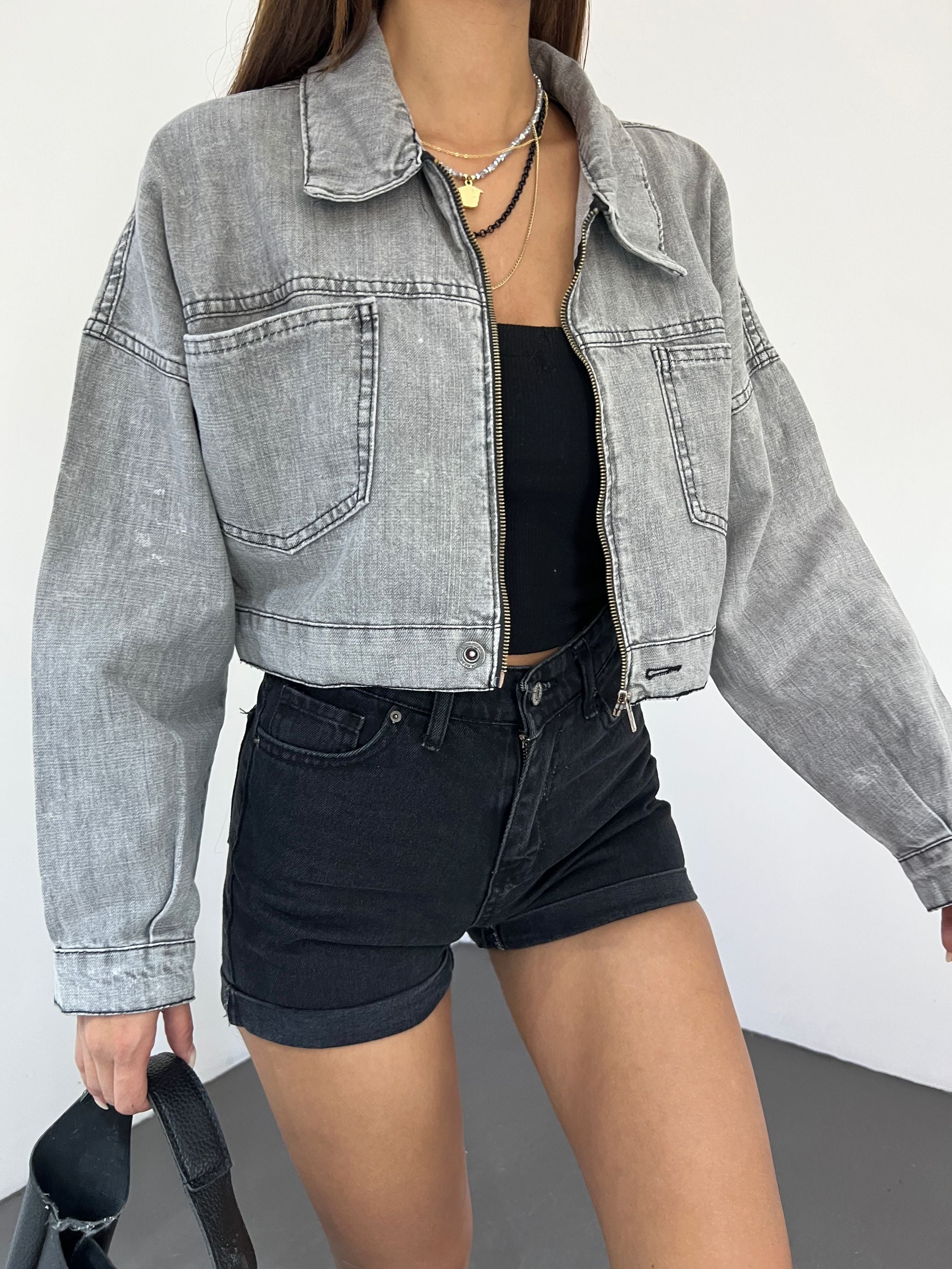 Fermuarlı Çift Cepli Denim Ceket