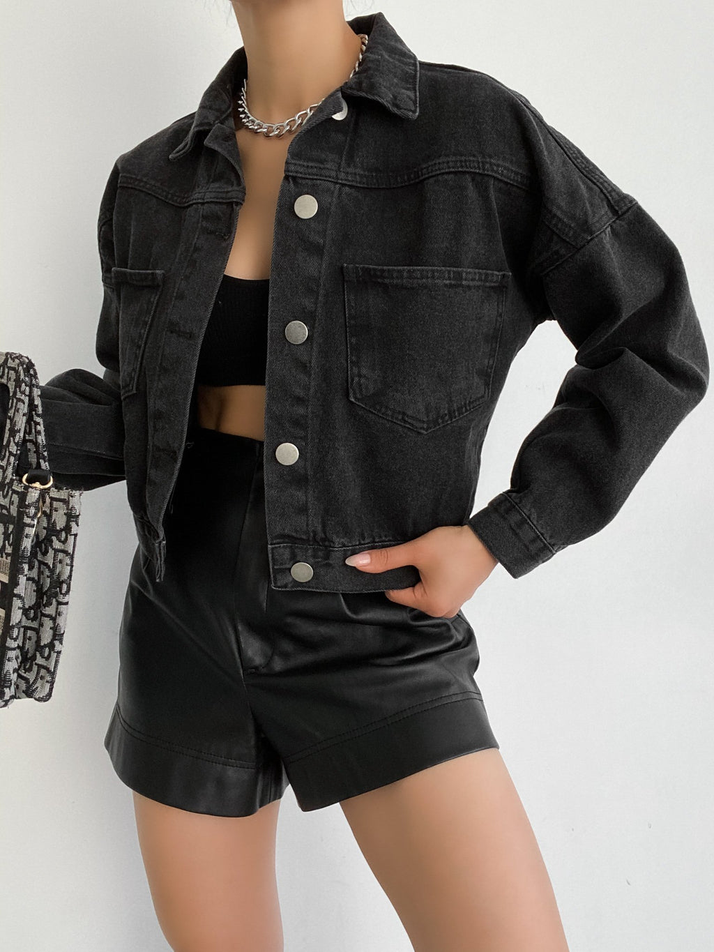 Çift Cepli Denim Crop Ceket