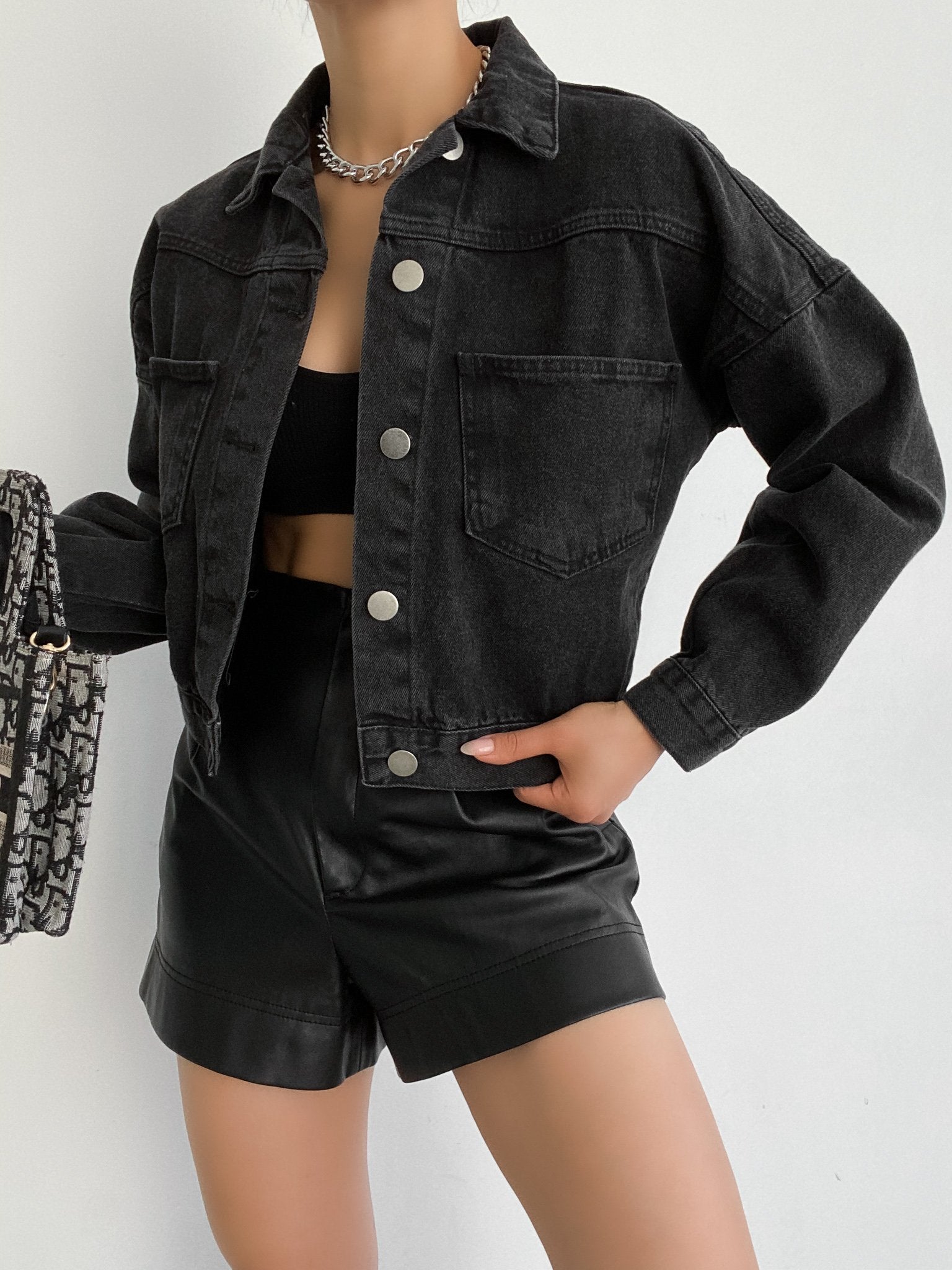 Çift Cepli Denim Crop Ceket