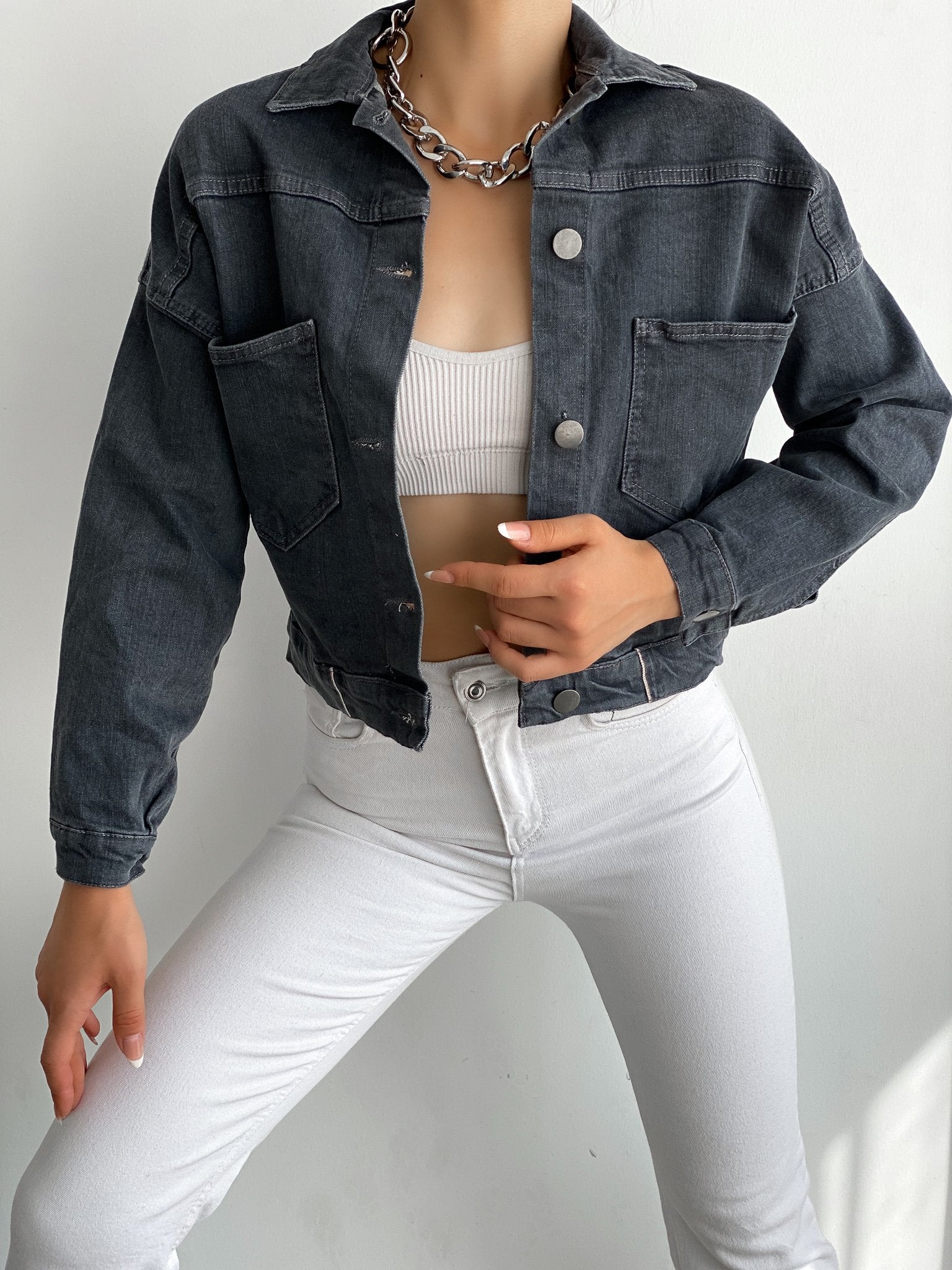 Çift Cepli Denim Crop Ceket