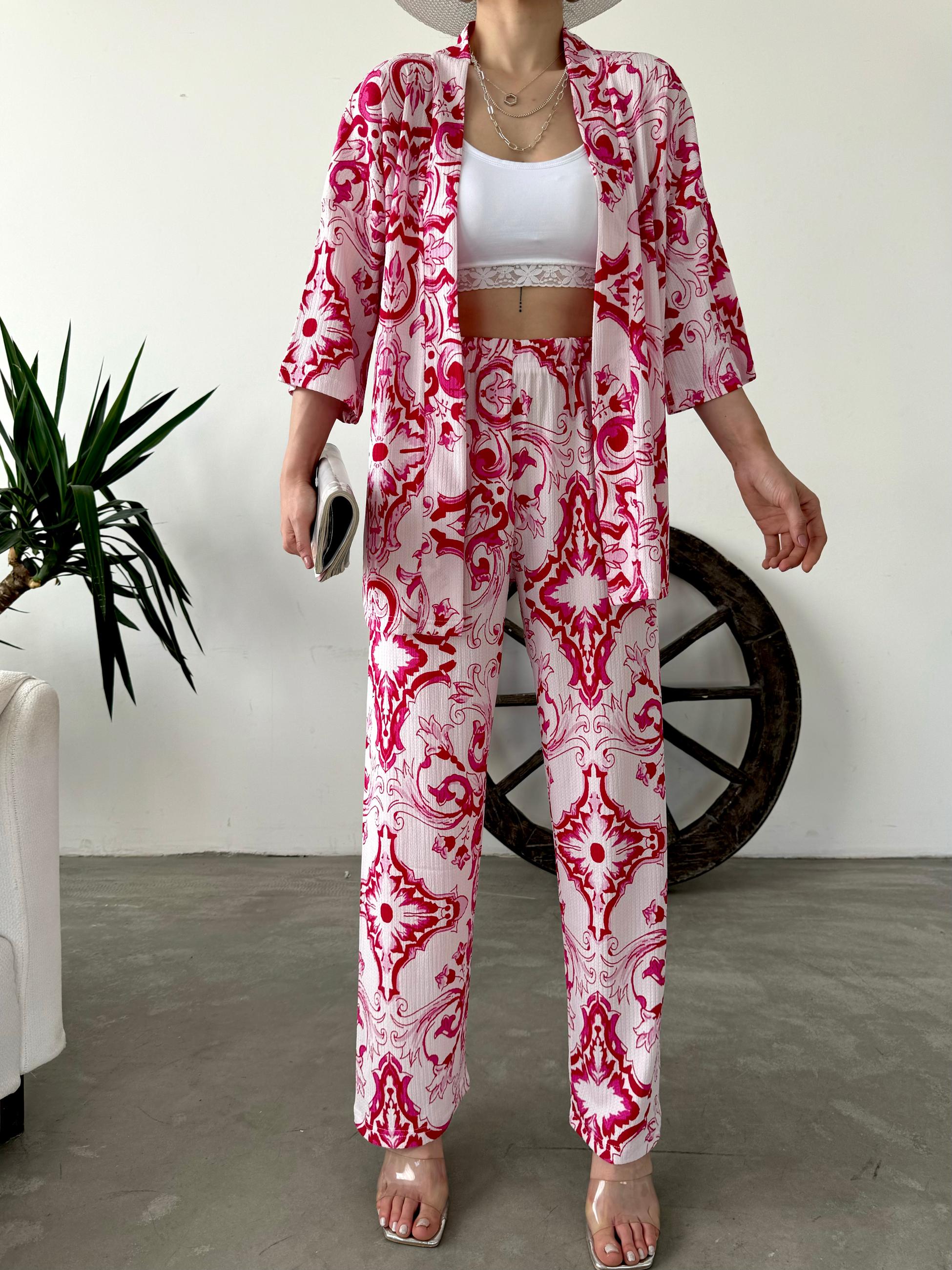 Desenli Kimono Ve Pantolon İkili Takım