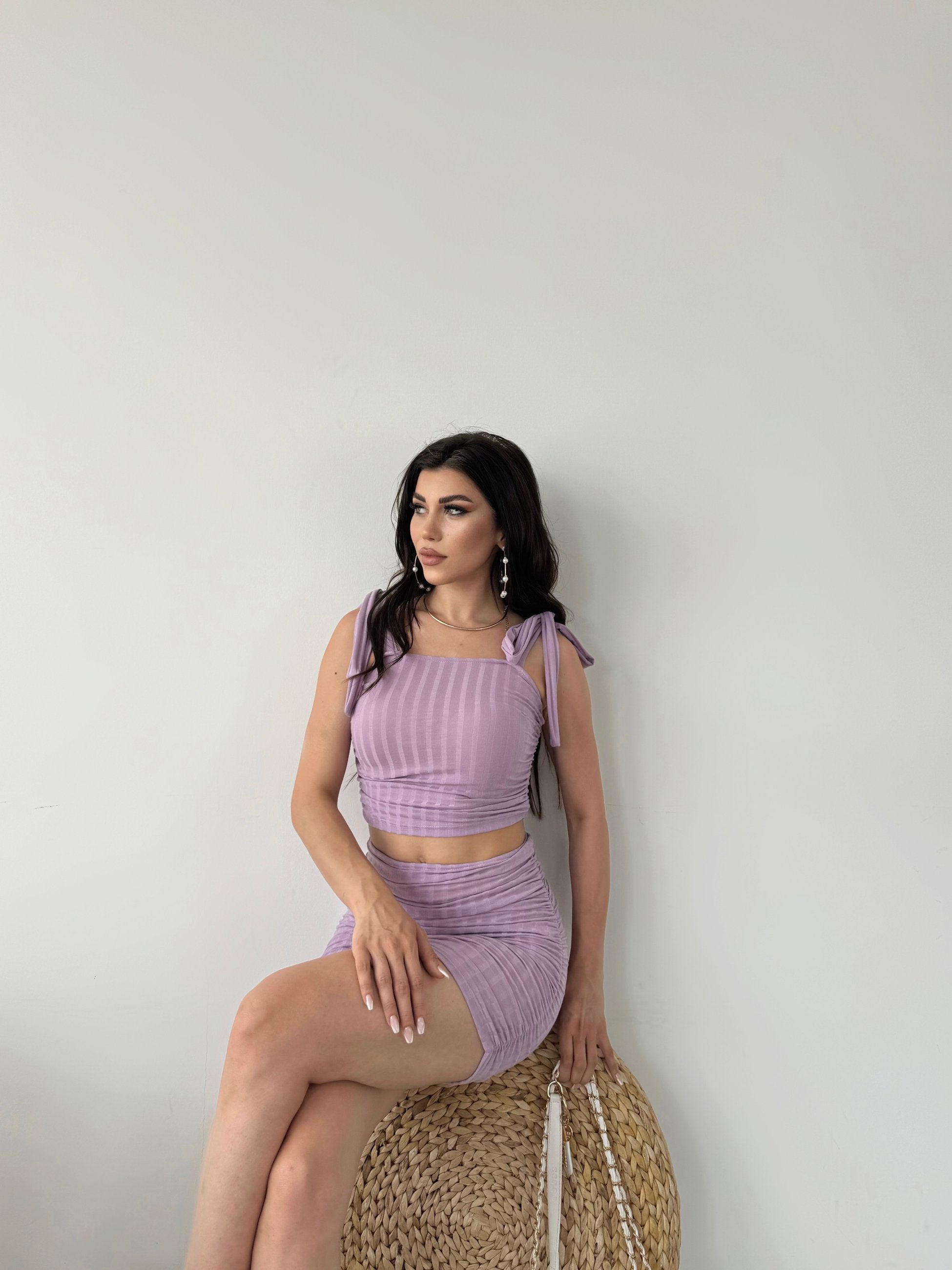 Bağcık Detaylı Crop Bluz Ve Etek İkili Takım