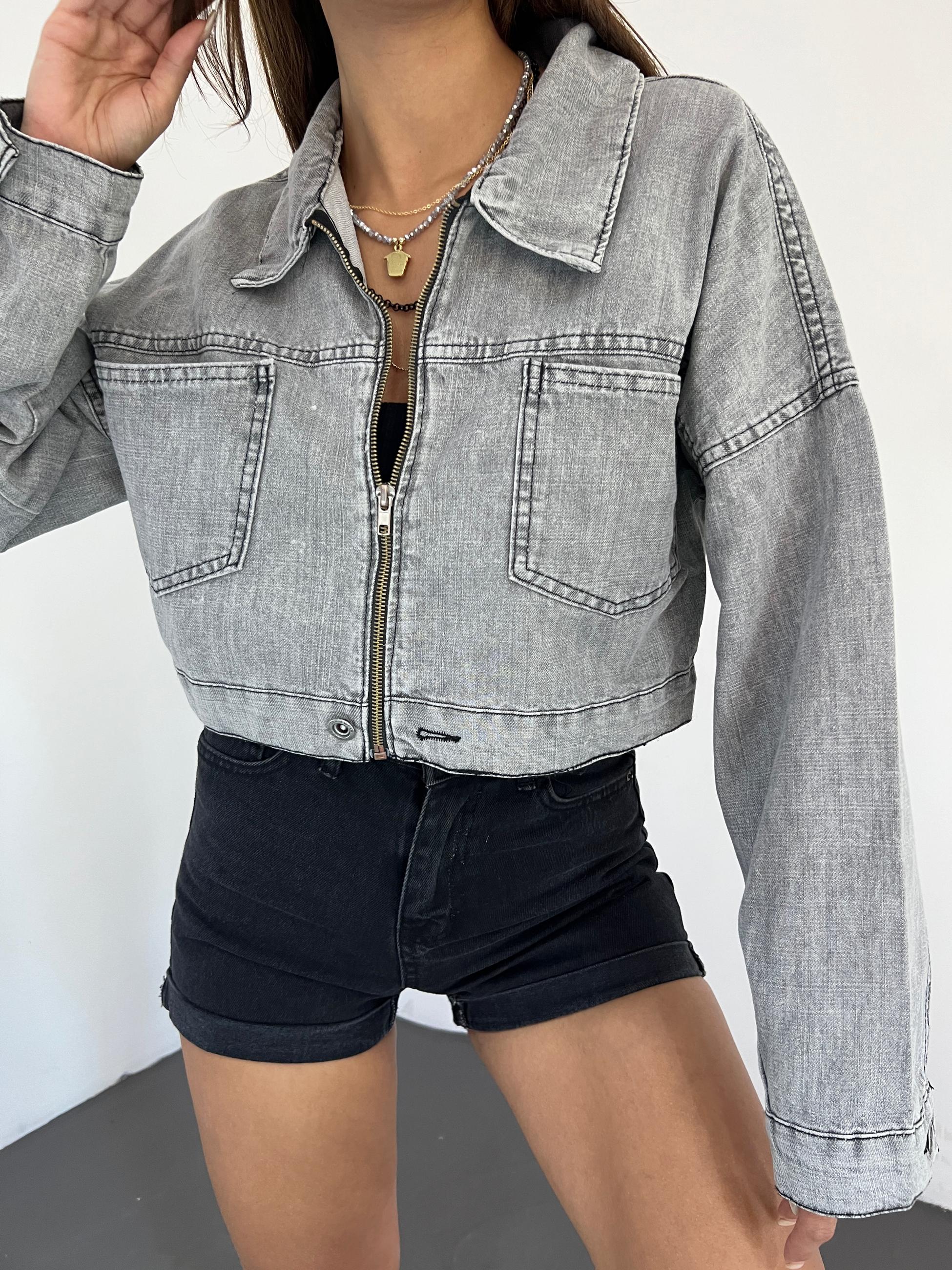 Fermuarlı Çift Cepli Denim Ceket