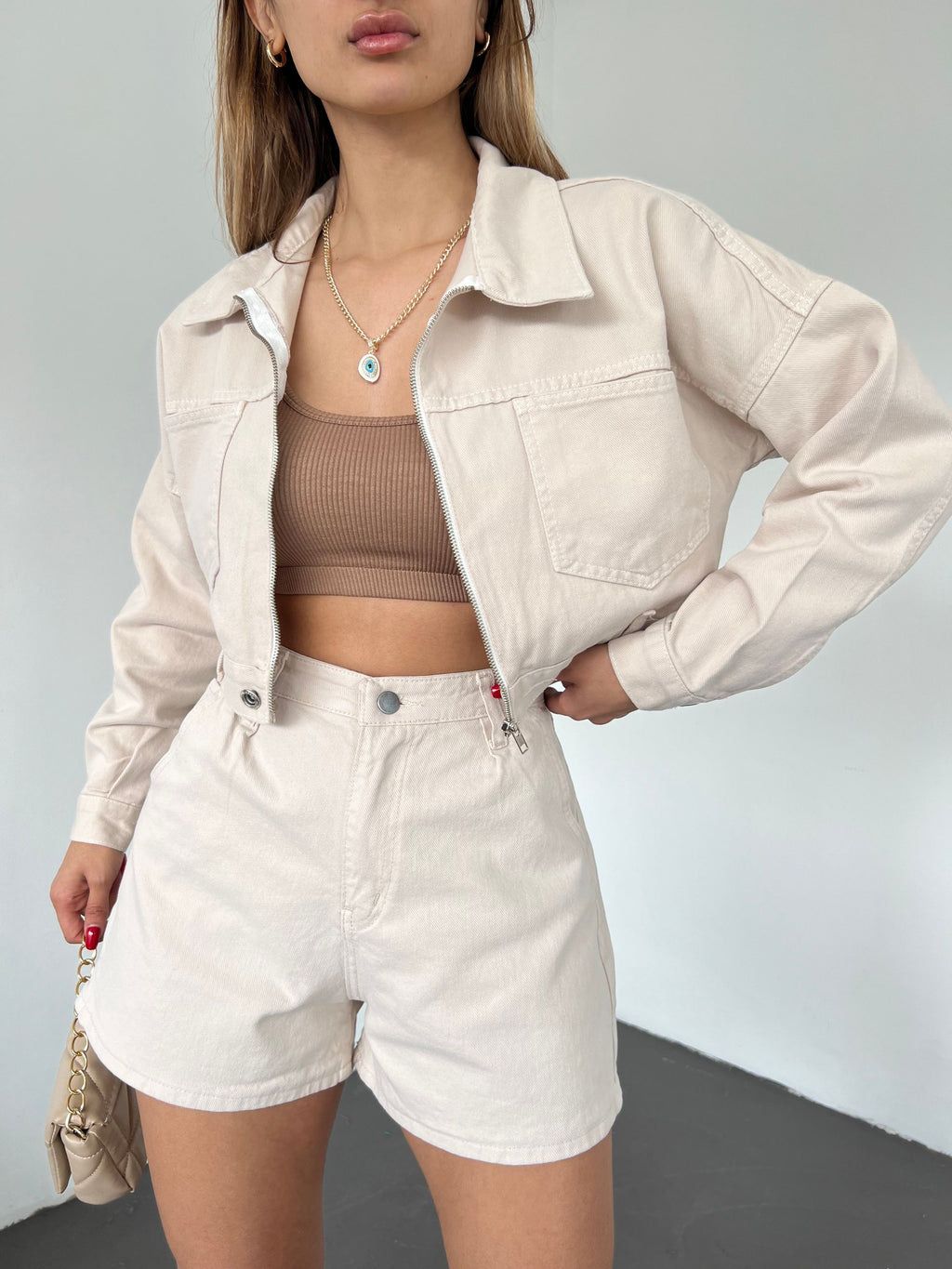 Fermuarlı Çift Cepli Denim Ceket