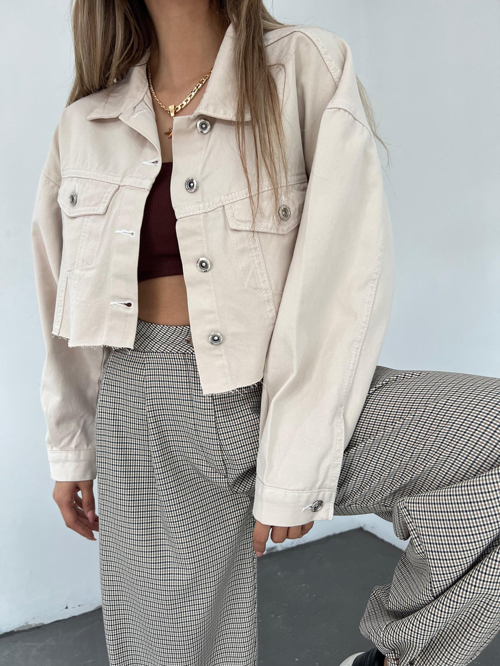 Çift Cepli Yıkamalı Crop Denim Ceket