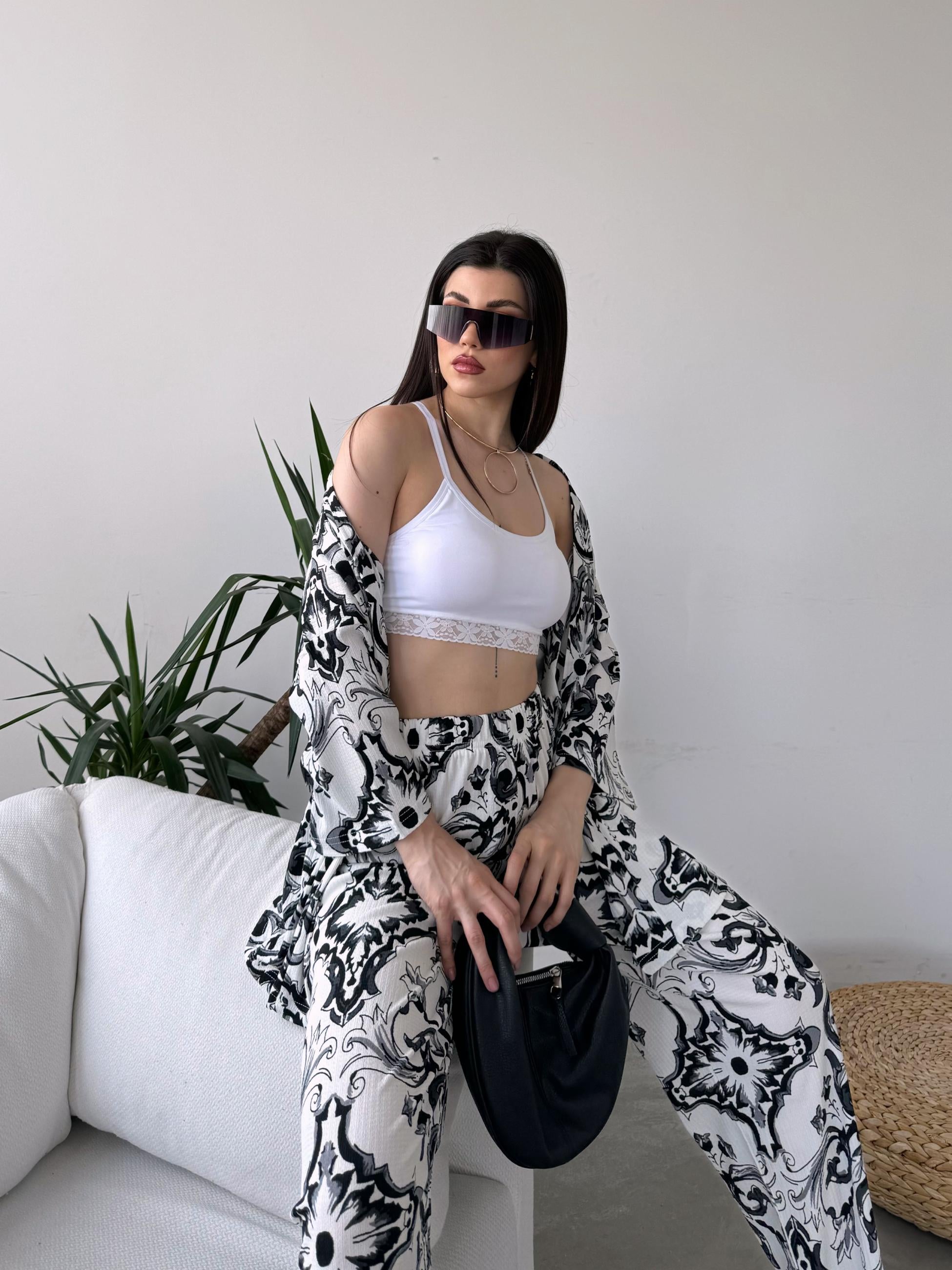 Desenli Kimono Ve Pantolon İkili Takım