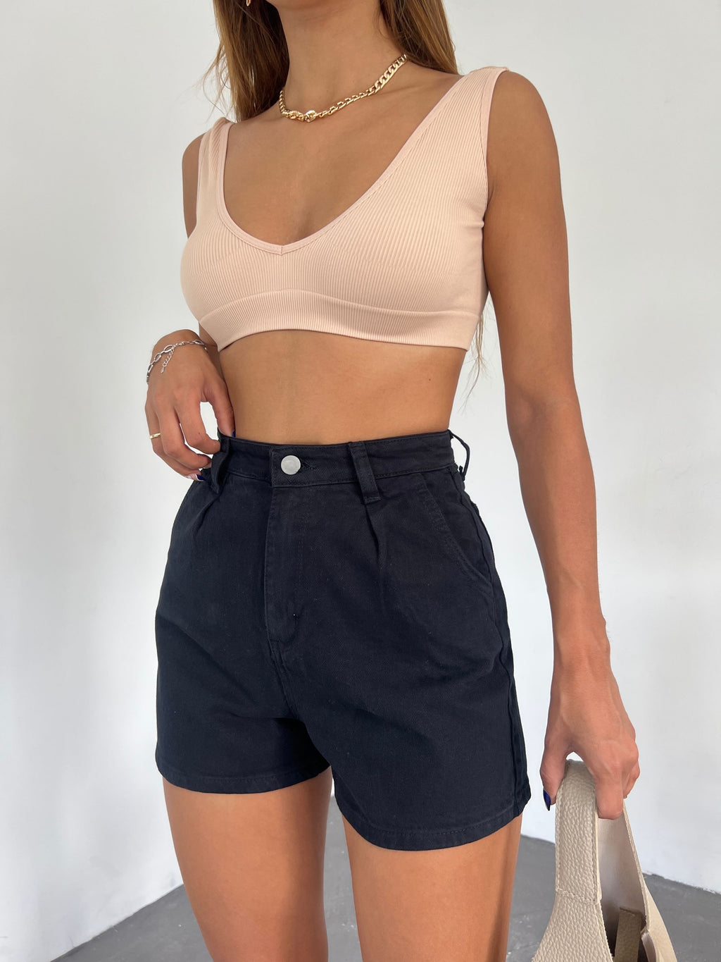 Çift Cepli Pileli Mini Denim Şort