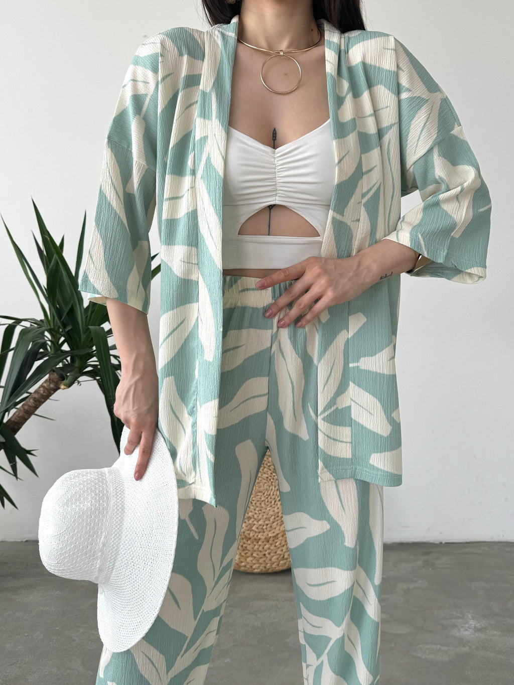 Desenli Kimono Ve Pantolon İkili Takım