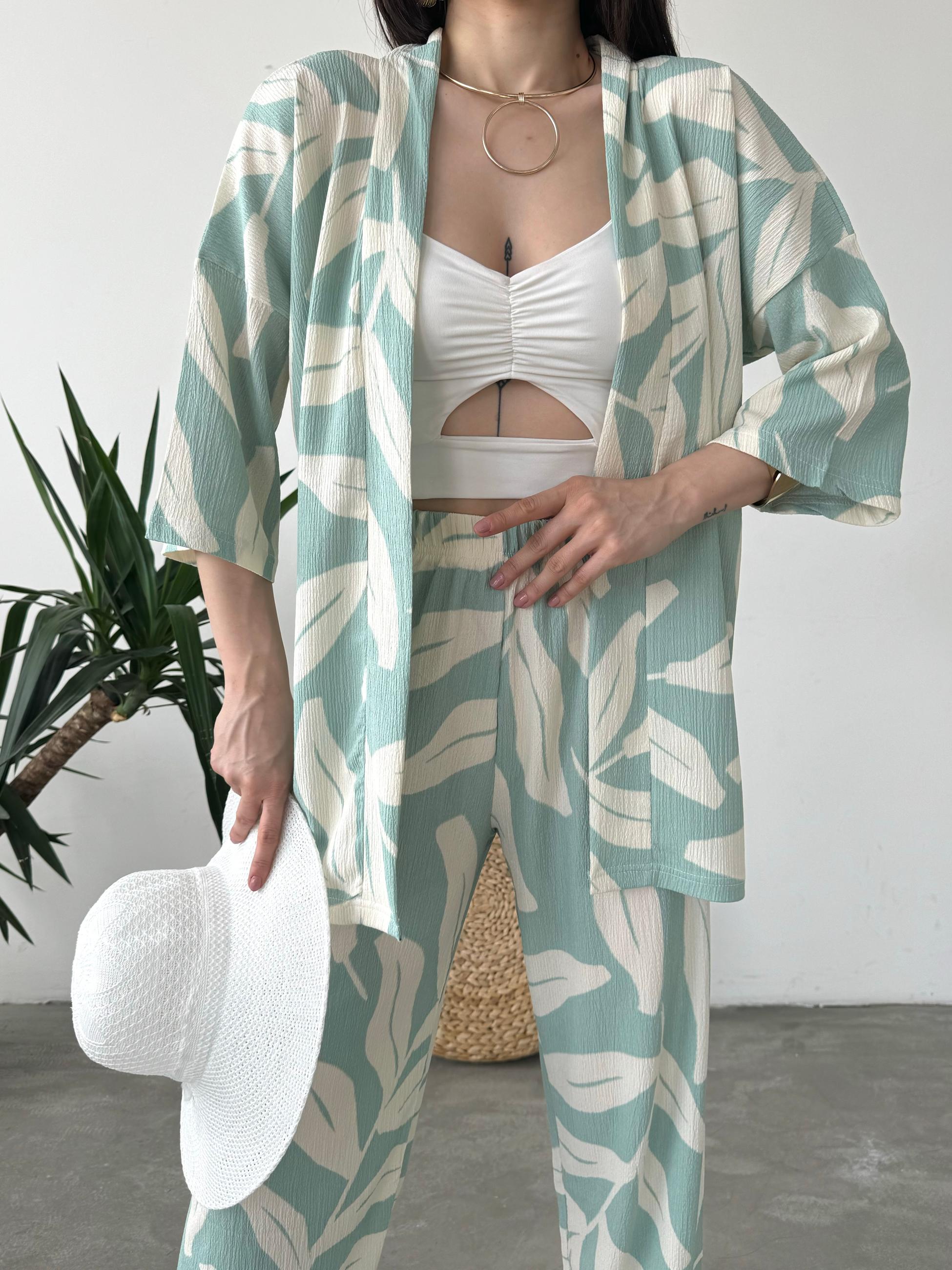 Desenli Kimono Ve Pantolon İkili Takım
