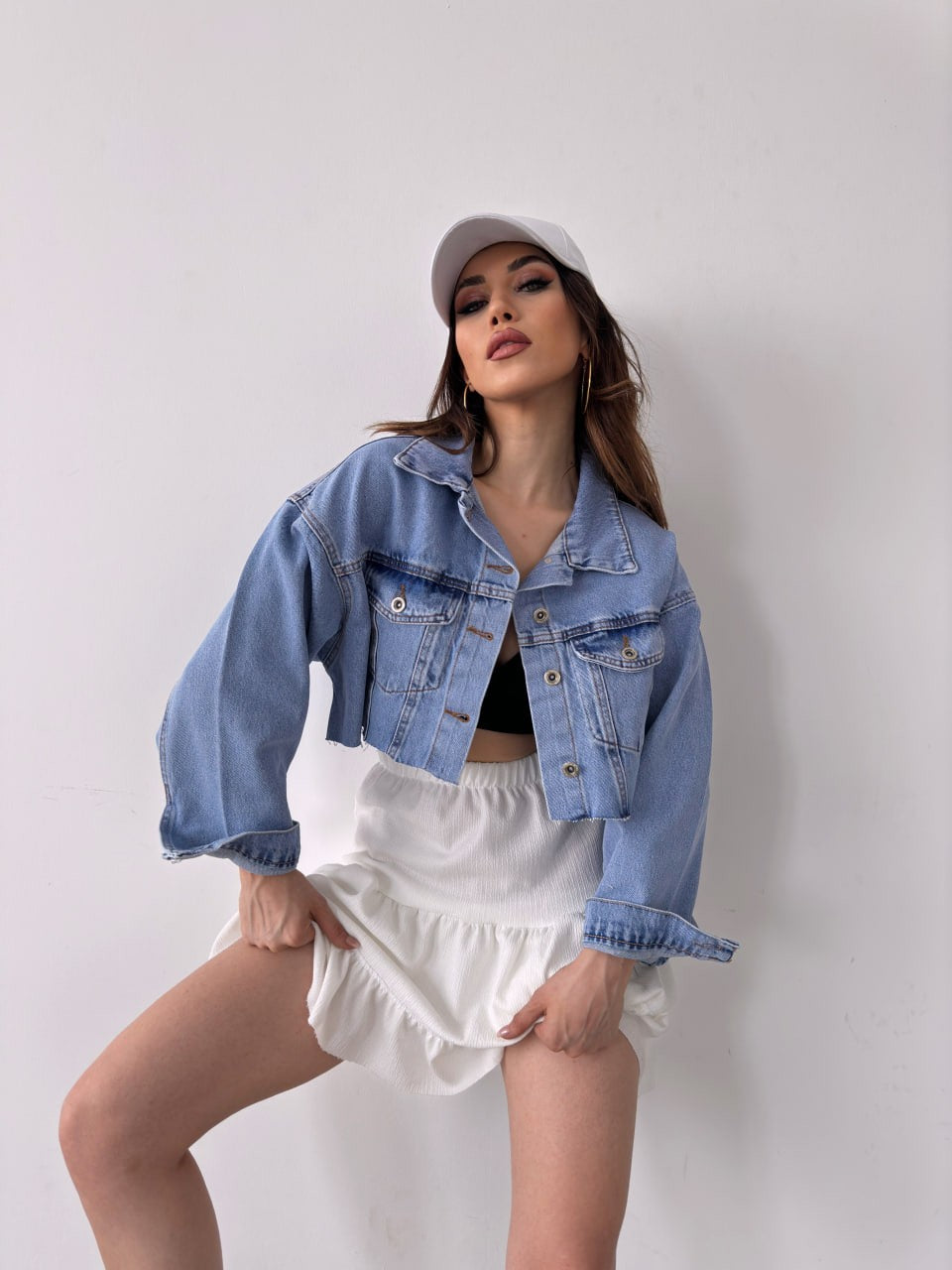 Çift Cepli Yıkamalı Crop Denim Ceket
