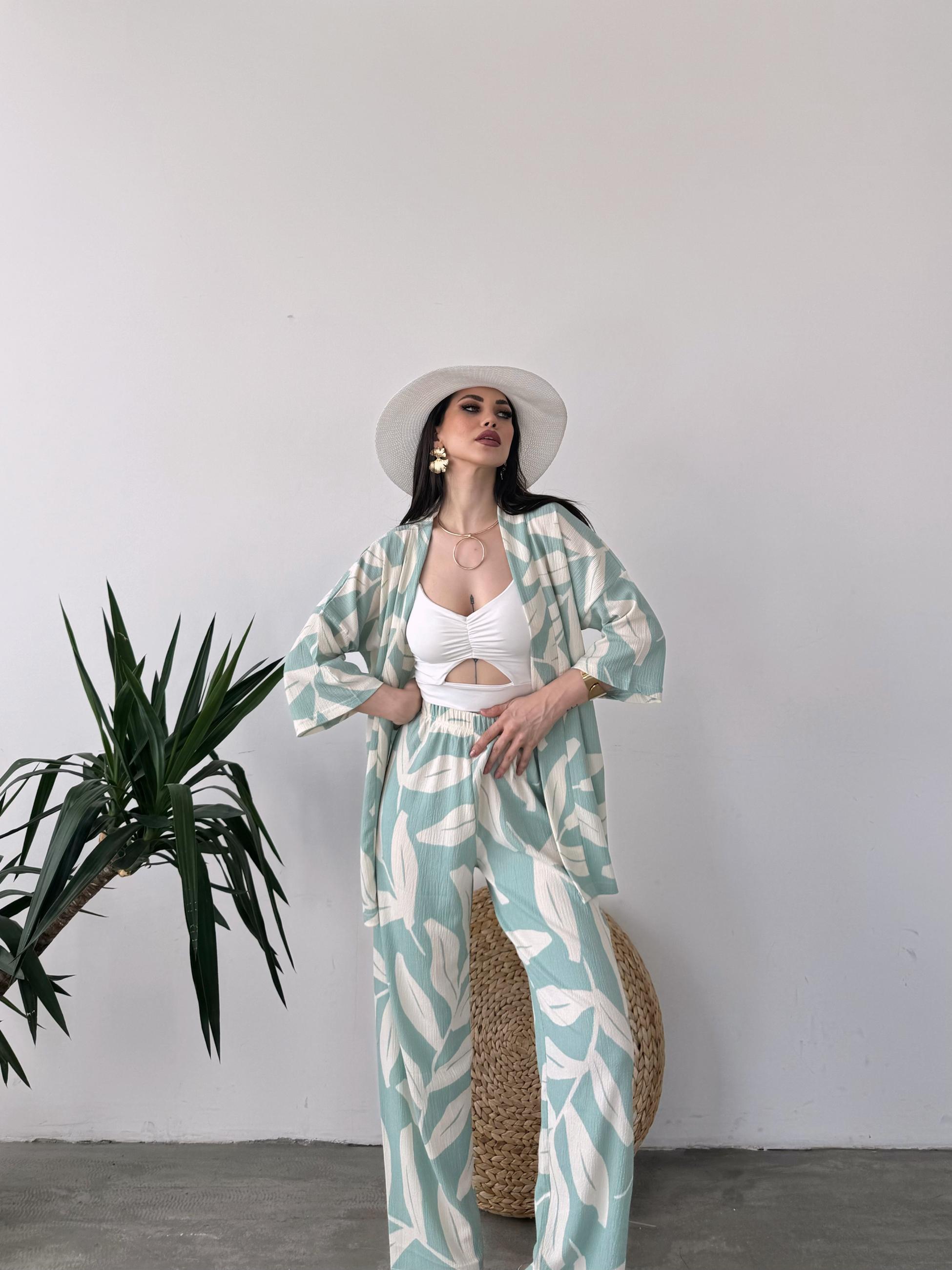 Desenli Kimono Ve Pantolon İkili Takım