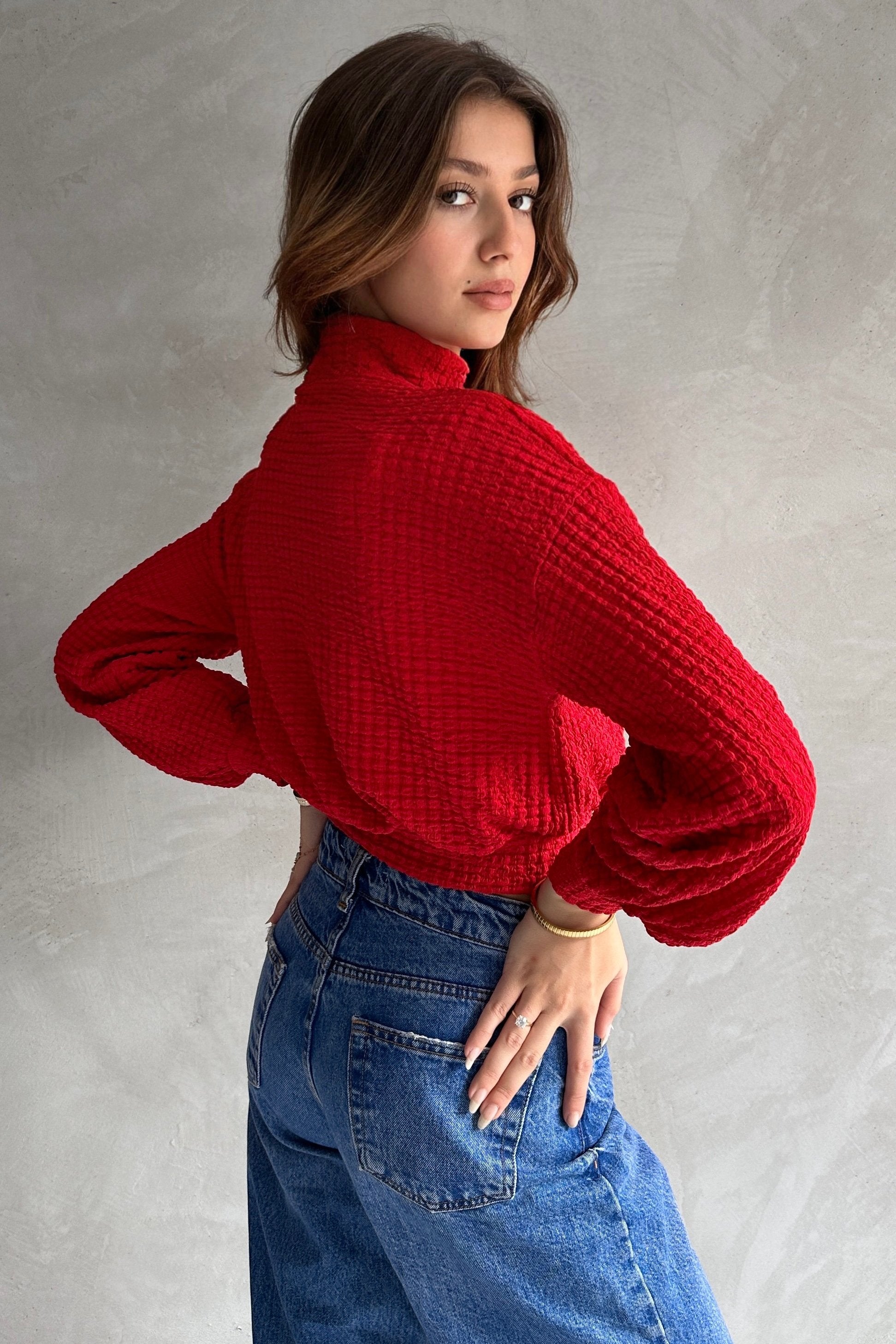 Balıkçı Yaka Dokulu Crop Bluz