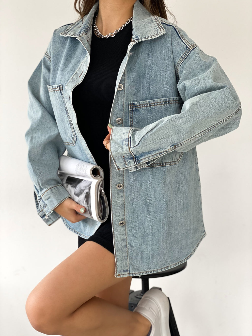 Çift Cepli Oversize Denim Gömlek Ceket