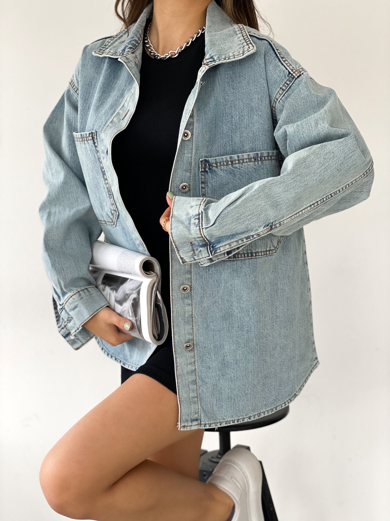 Çift Cepli Oversize Denim Gömlek Ceket