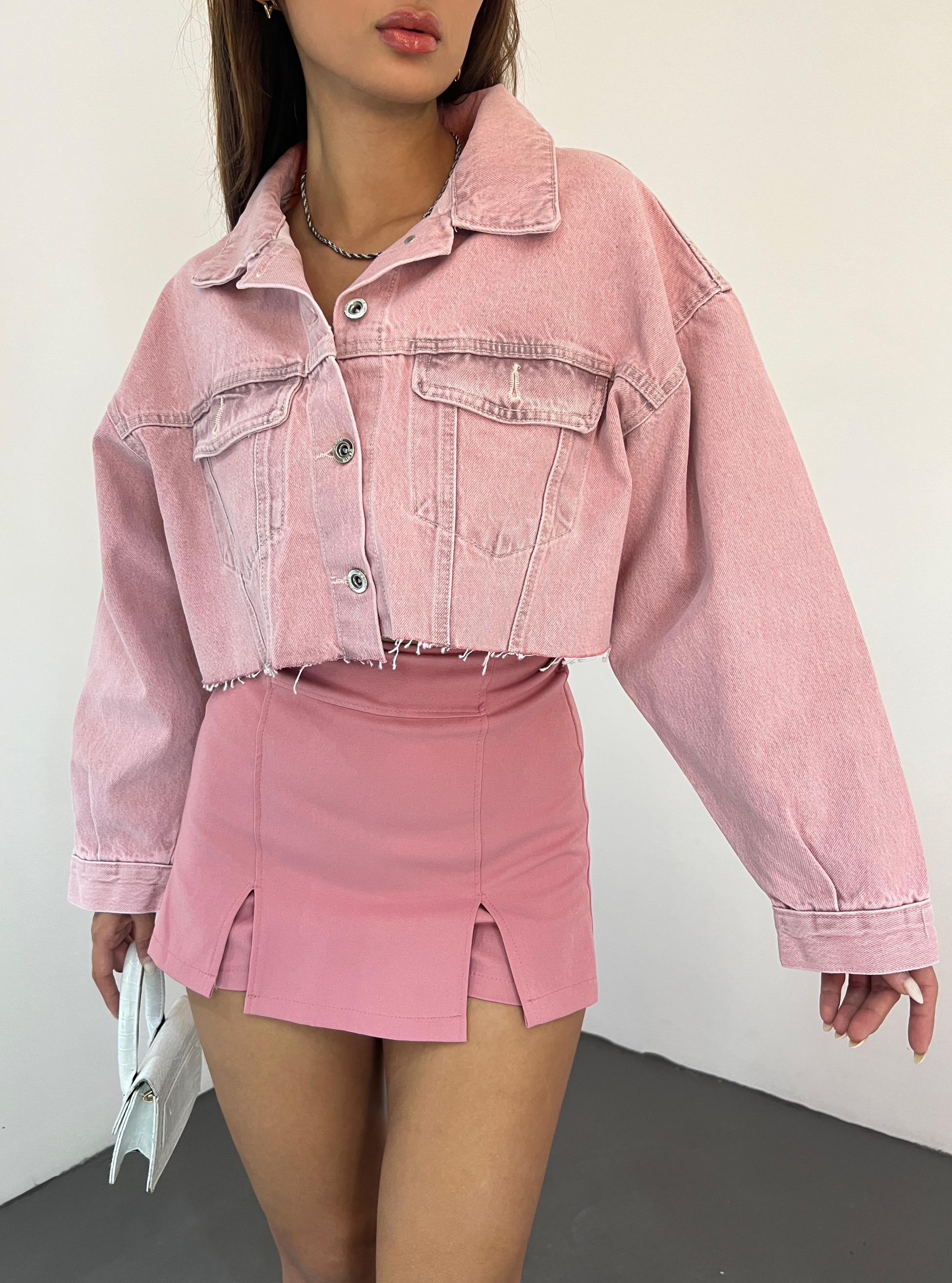 Çift Cepli Yıkamalı Crop Denim Ceket