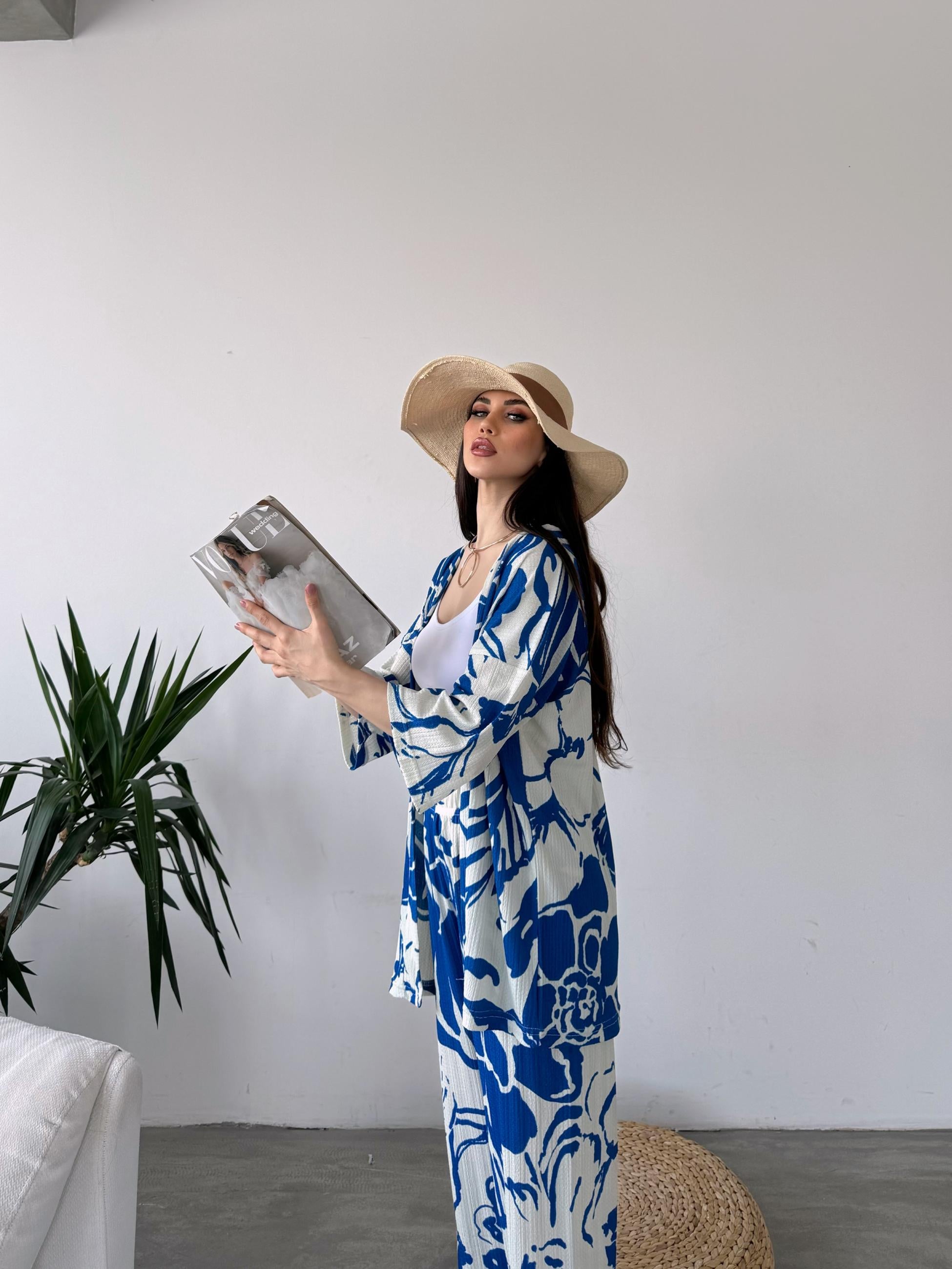 Desenli Kimono Ve Pantolon İkili Takım