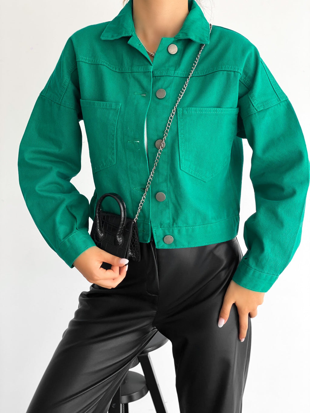 Çift Cepli Denim Crop Ceket