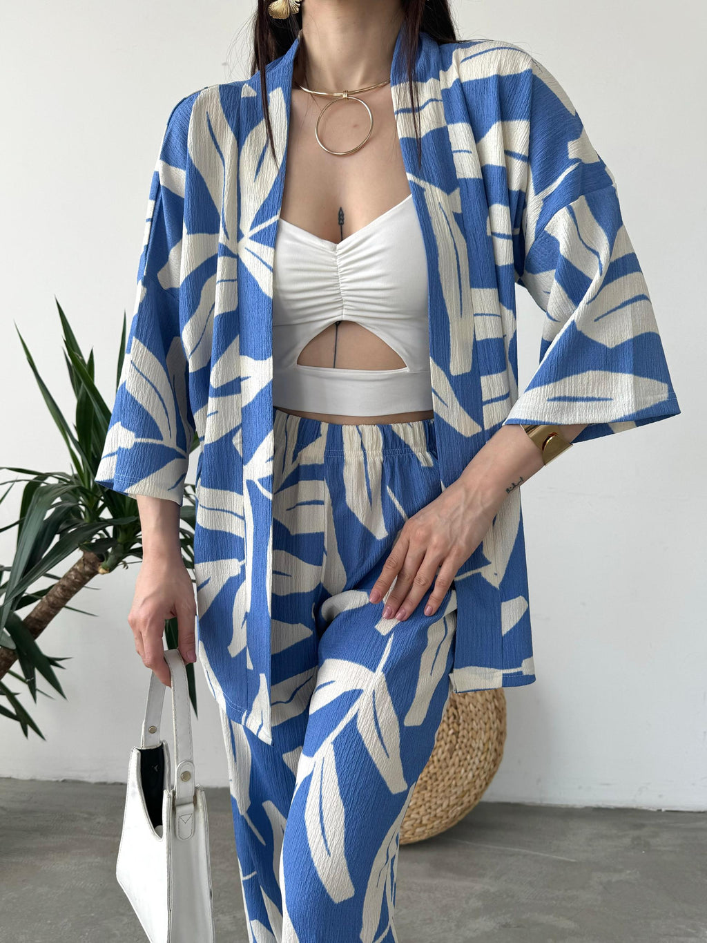 Desenli Kimono Ve Pantolon İkili Takım