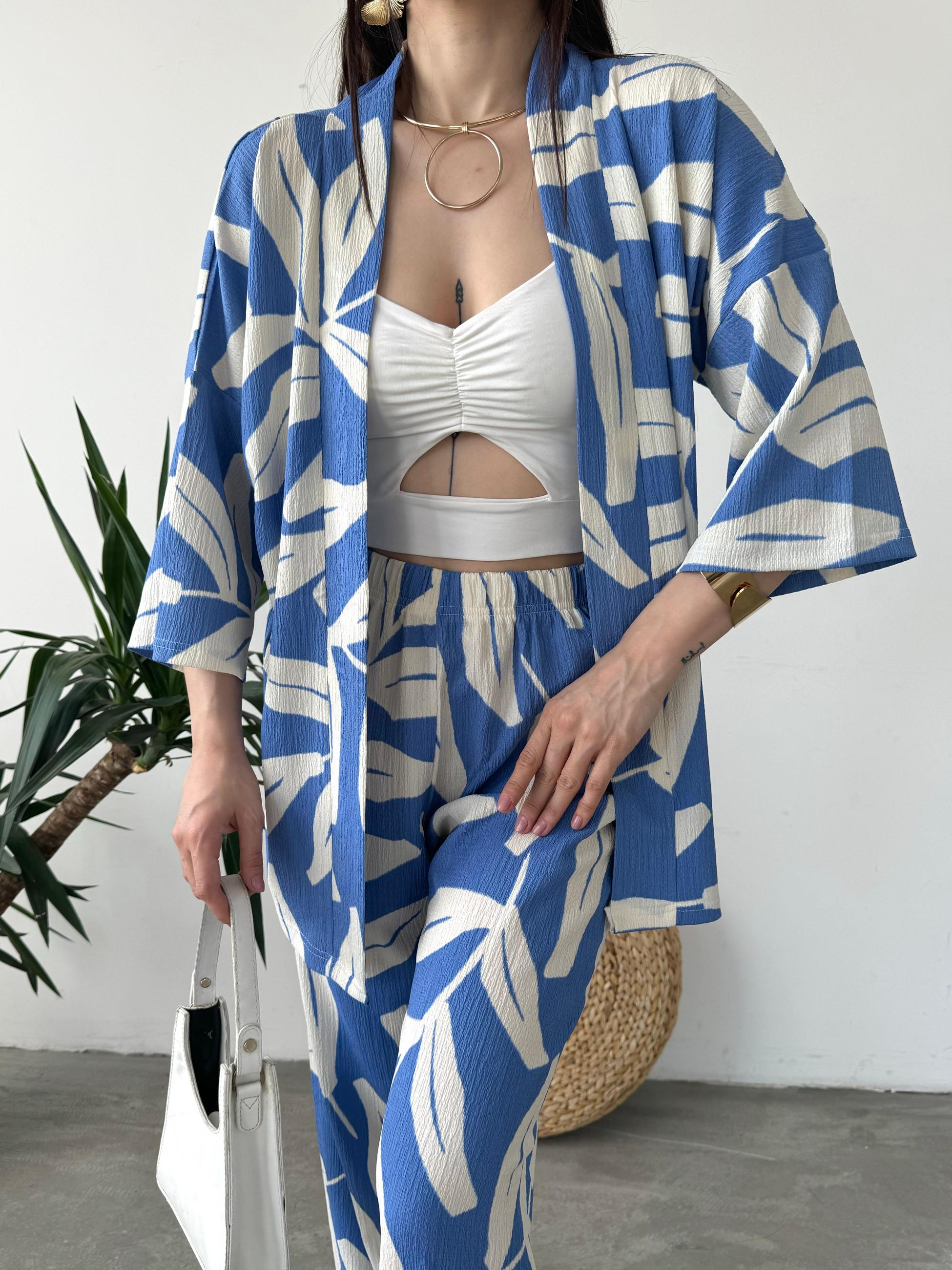 Desenli Kimono Ve Pantolon İkili Takım