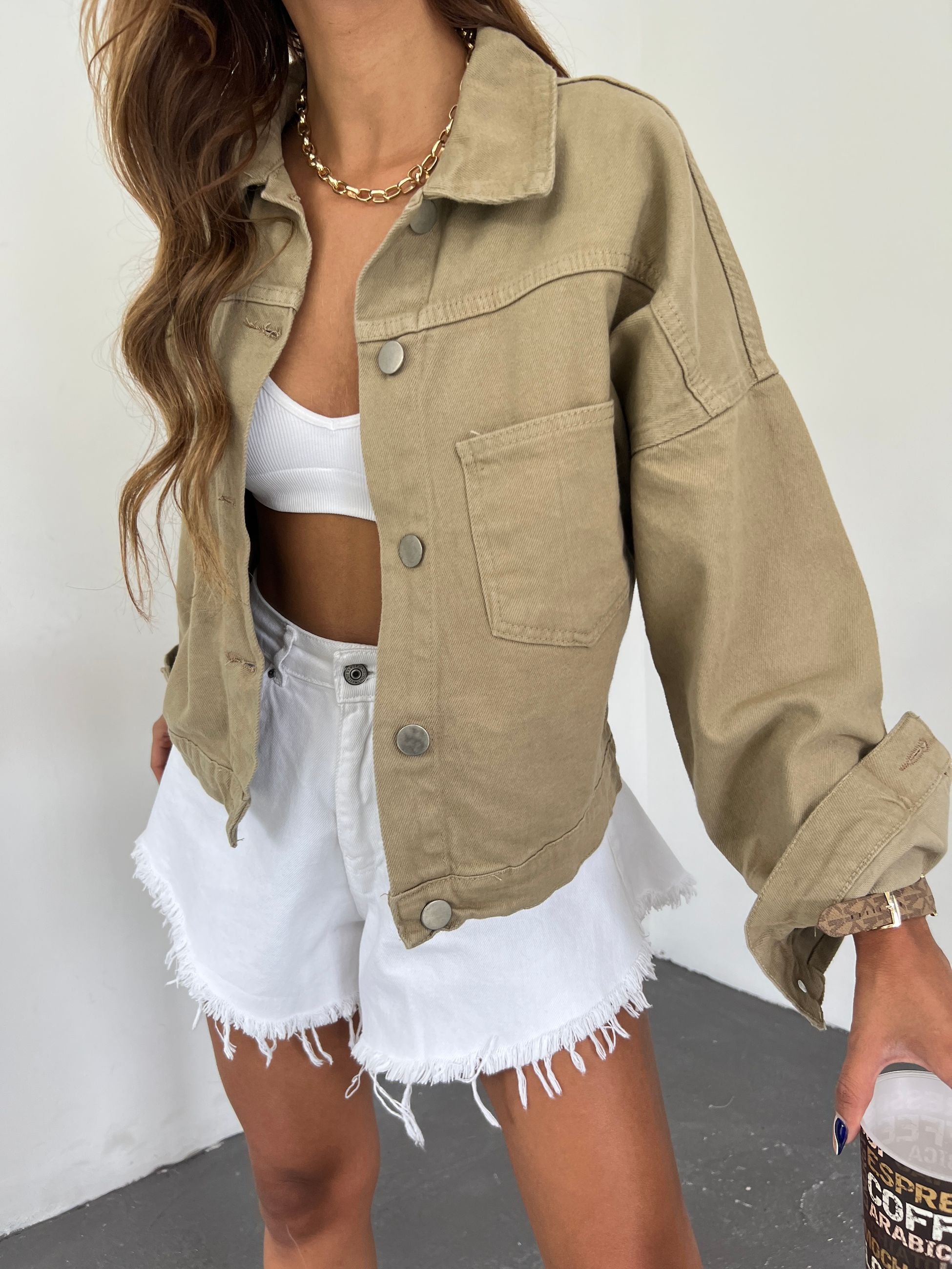 Çift Cepli Denim Crop Ceket