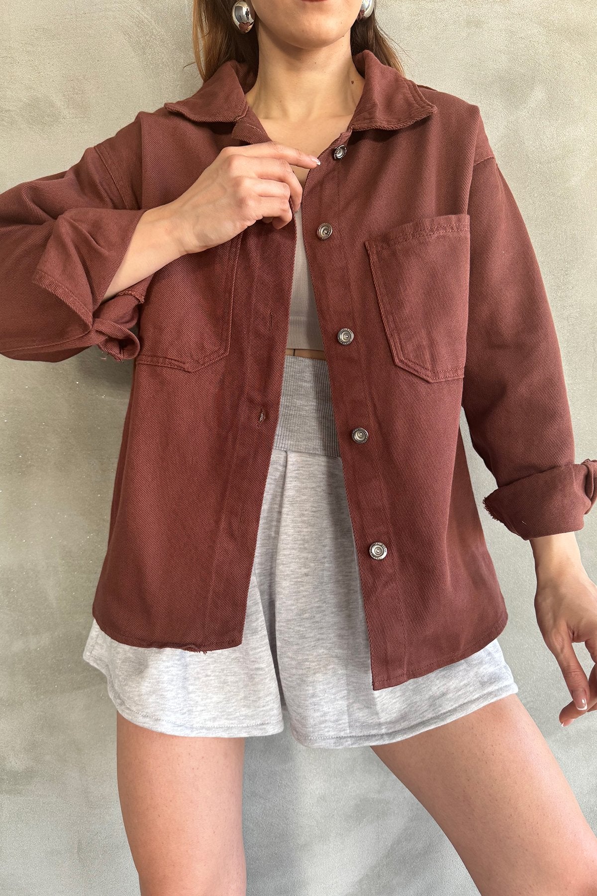 Çift Cepli Oversize Denim Gömlek Ceket