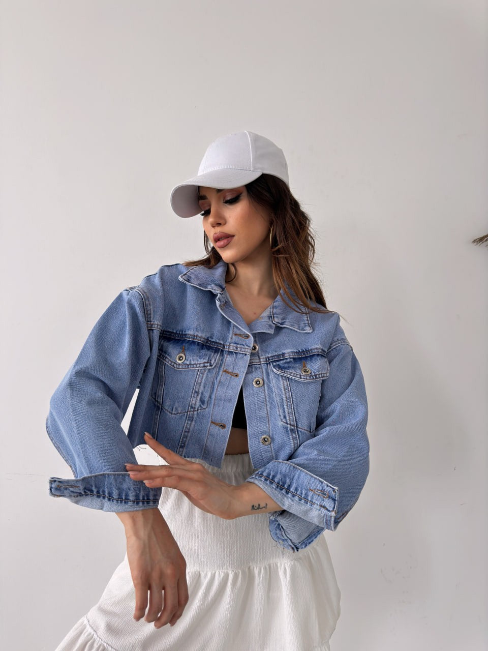 Çift Cepli Yıkamalı Crop Denim Ceket