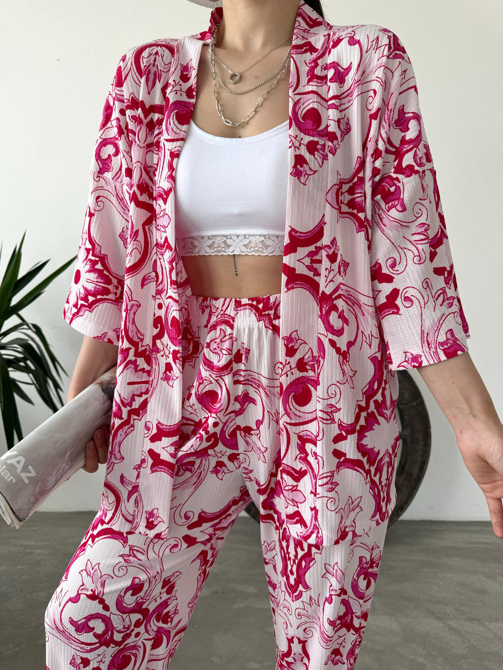Desenli Kimono Ve Pantolon İkili Takım