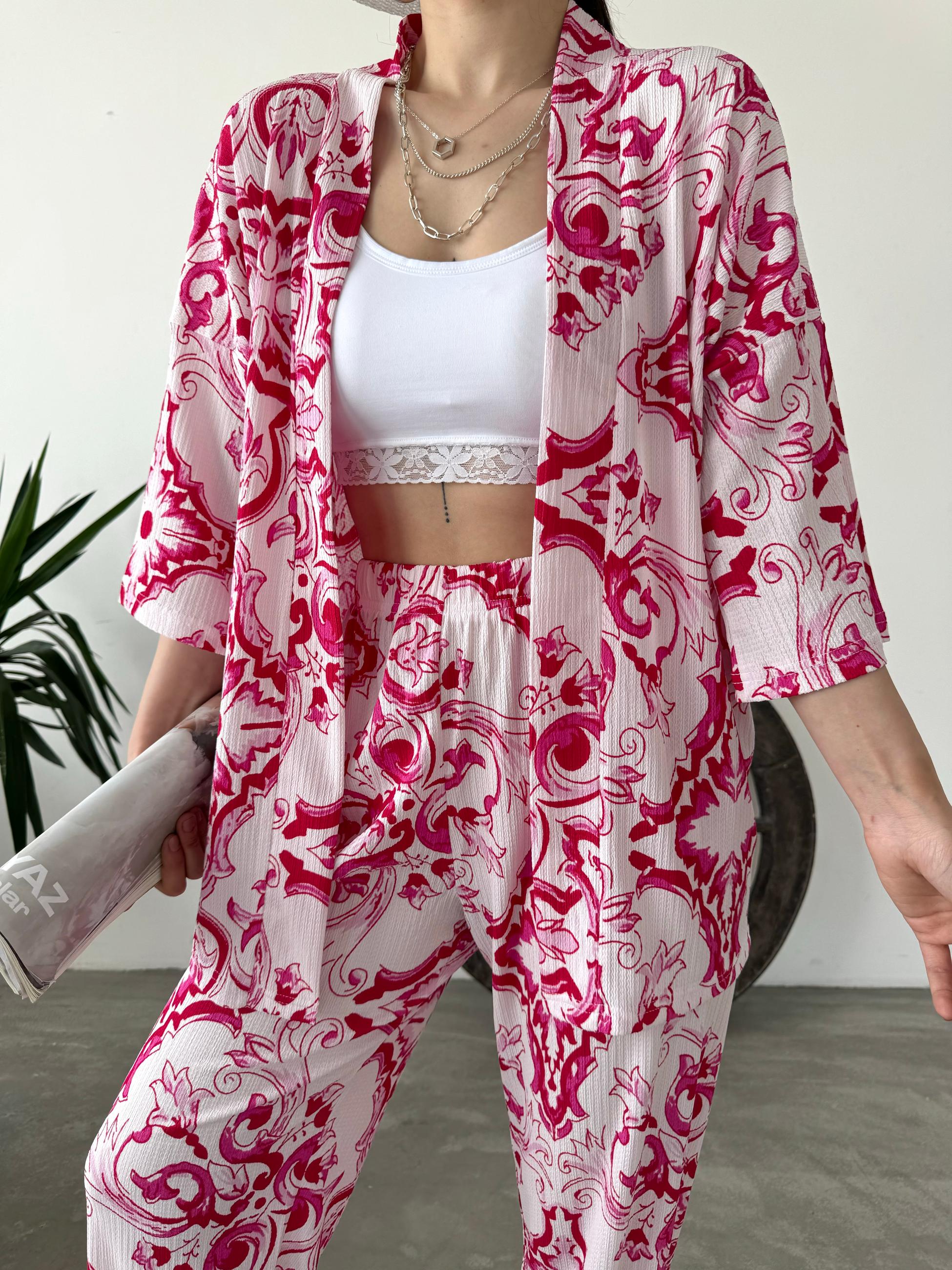 Desenli Kimono Ve Pantolon İkili Takım