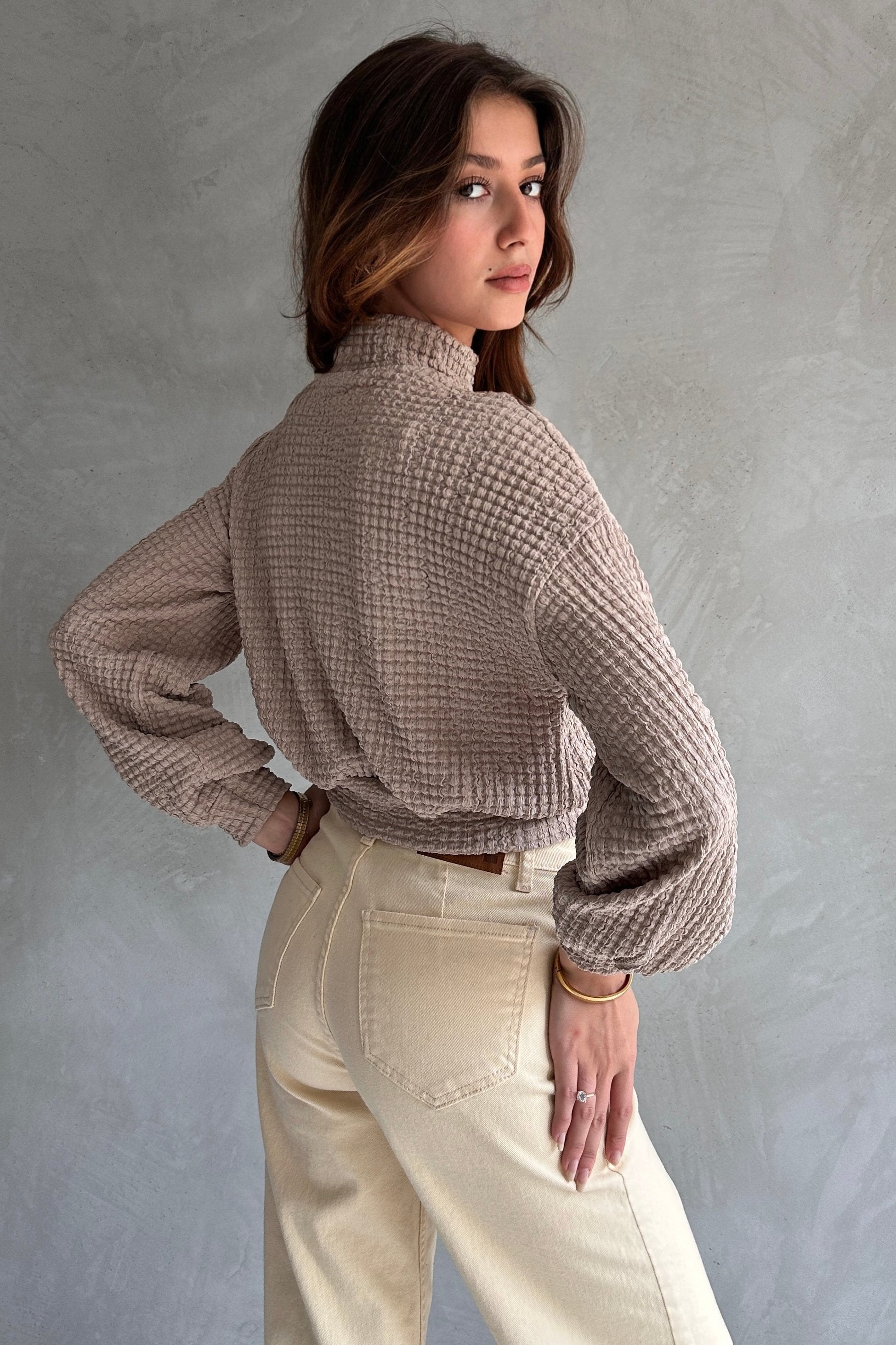 Balıkçı Yaka Dokulu Crop Bluz