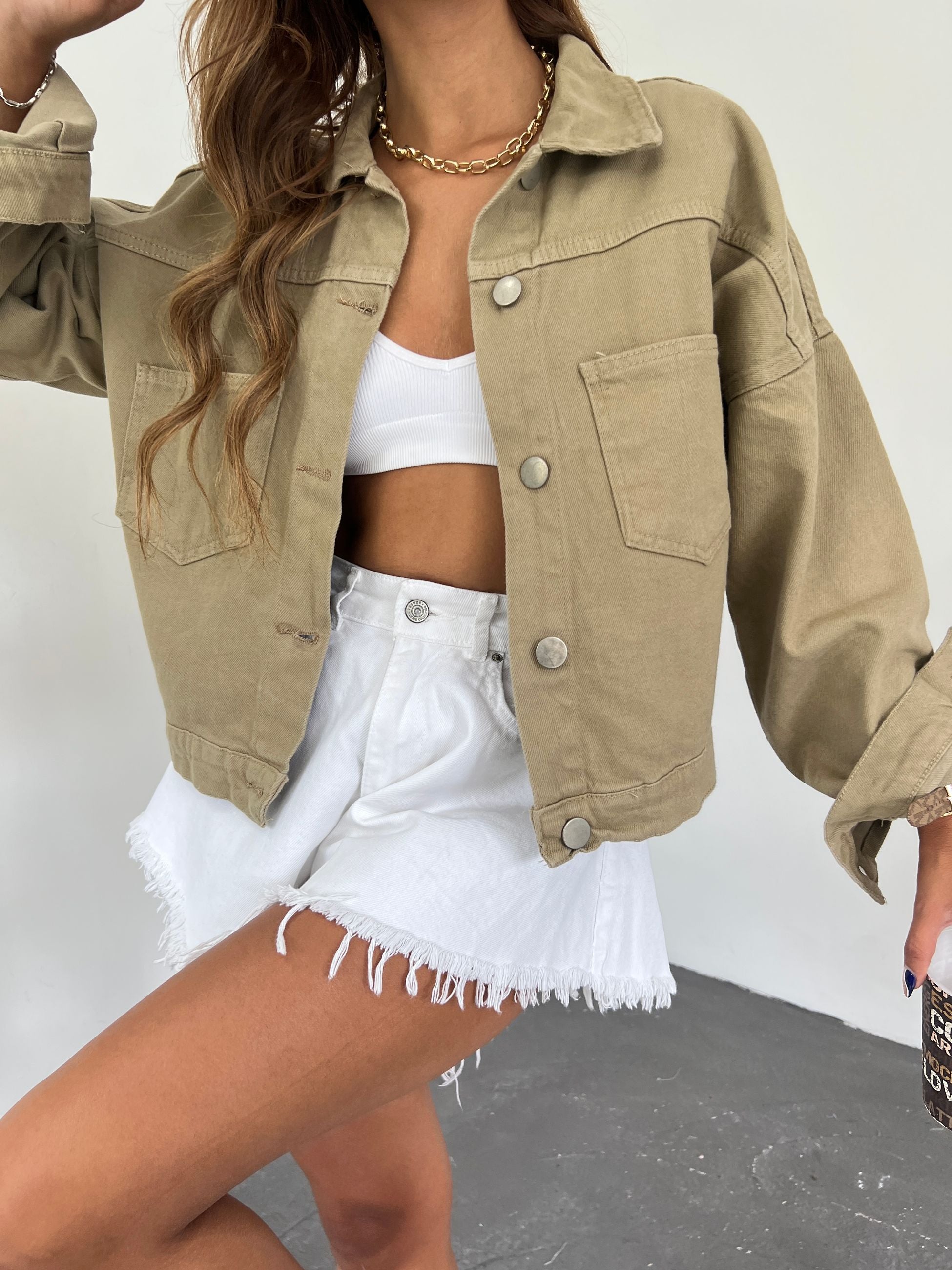 Çift Cepli Denim Crop Ceket