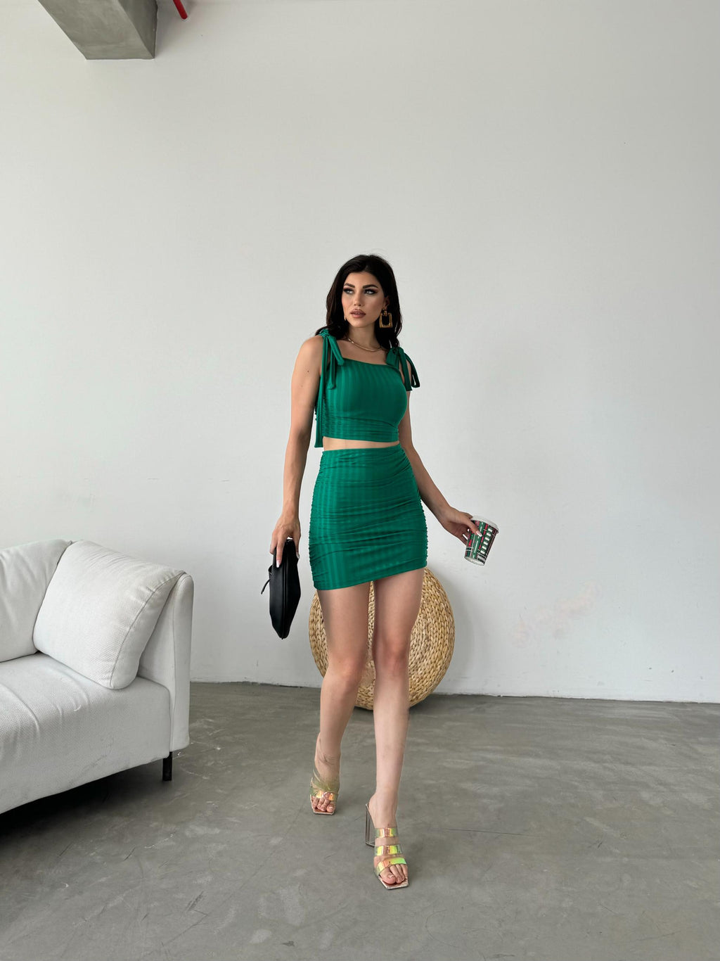 Bağcık Detaylı Crop Bluz Ve Etek İkili Takım