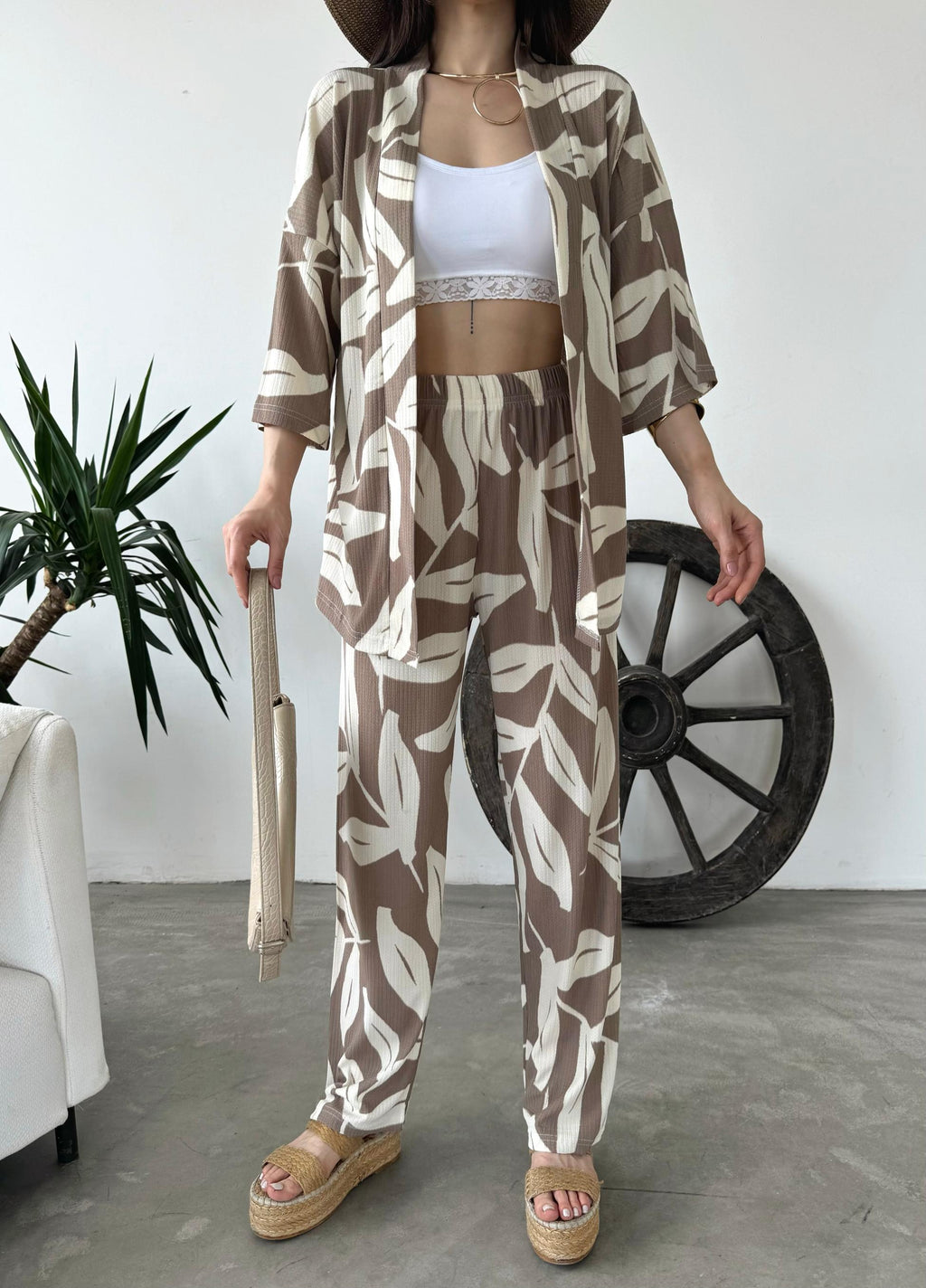 Desenli Kimono Ve Pantolon İkili Takım
