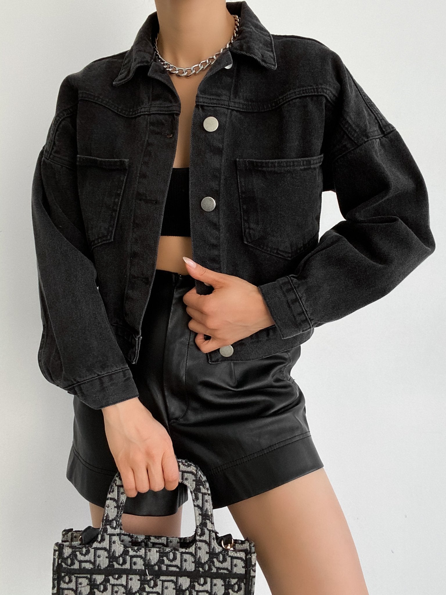 Çift Cepli Denim Crop Ceket