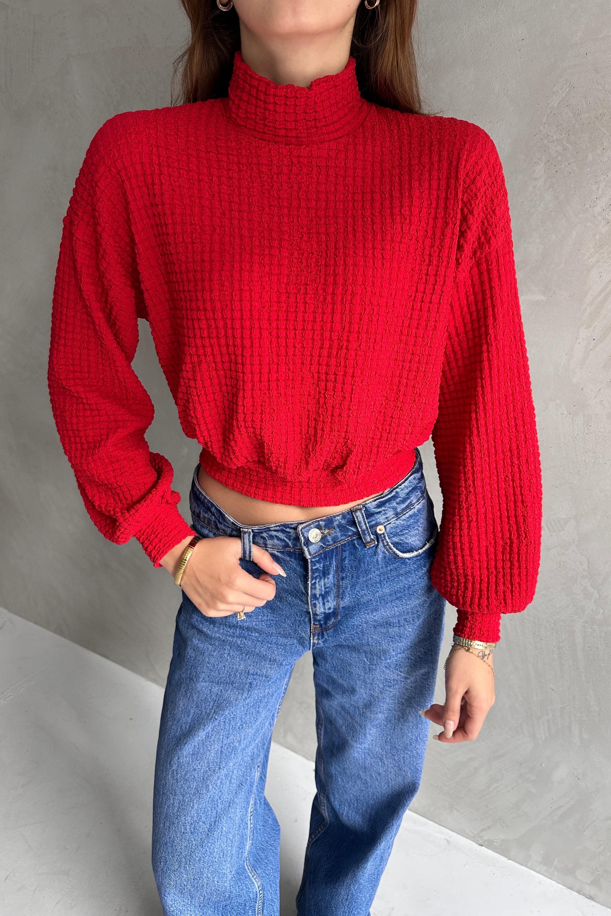 Balıkçı Yaka Dokulu Crop Bluz