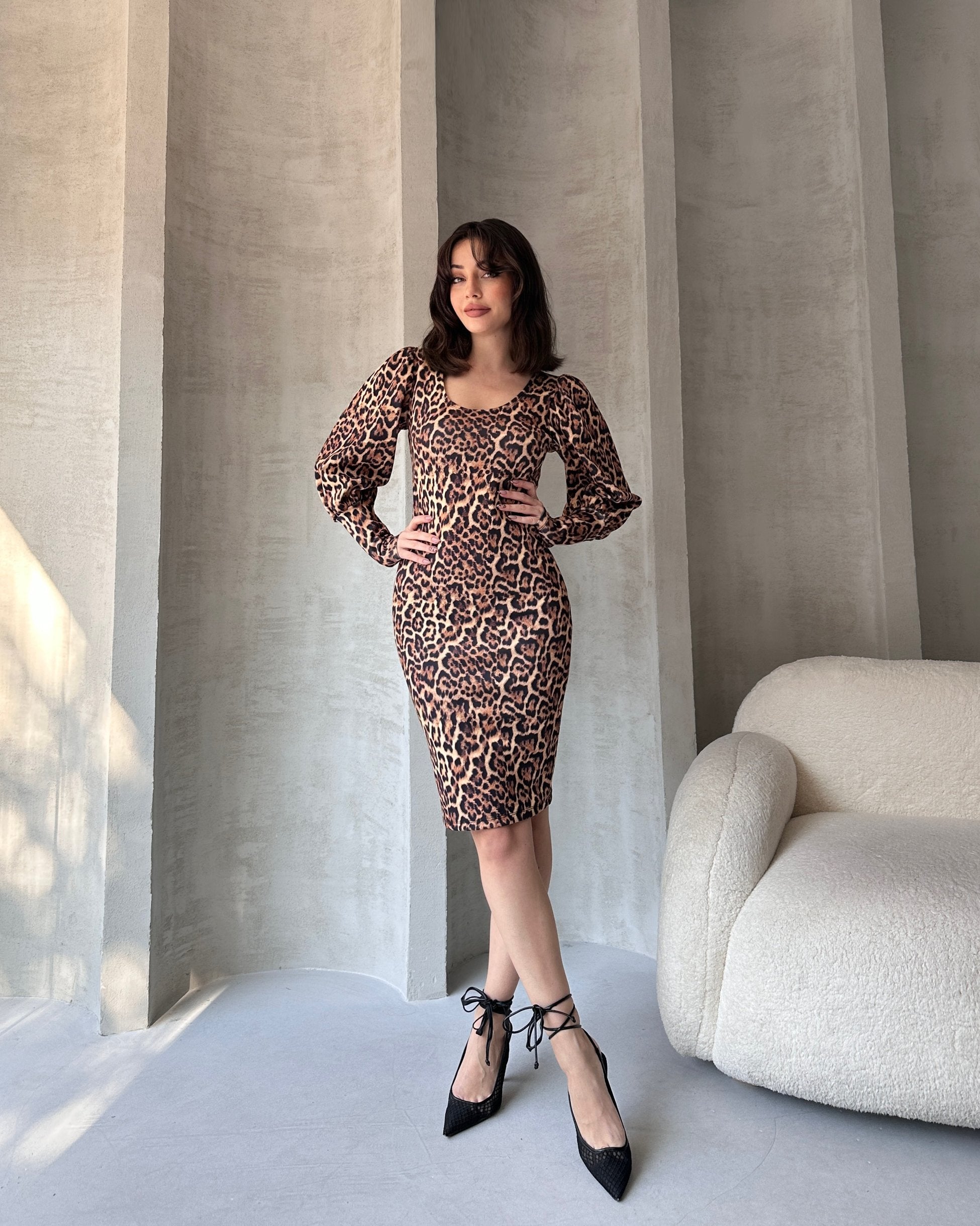 Leopar Desenli Midi Boy Elbise