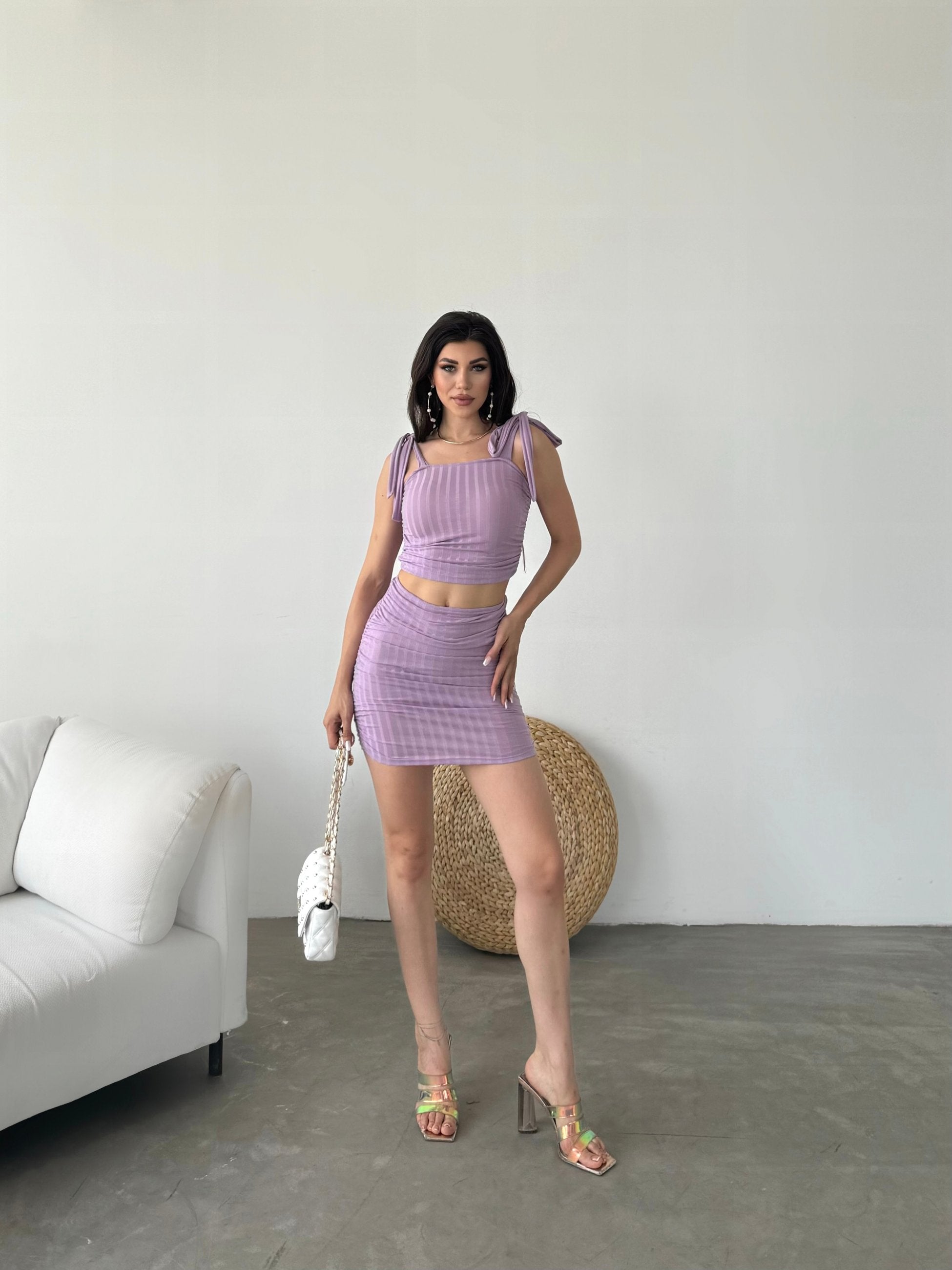 Bağcık Detaylı Crop Bluz Ve Etek İkili Takım